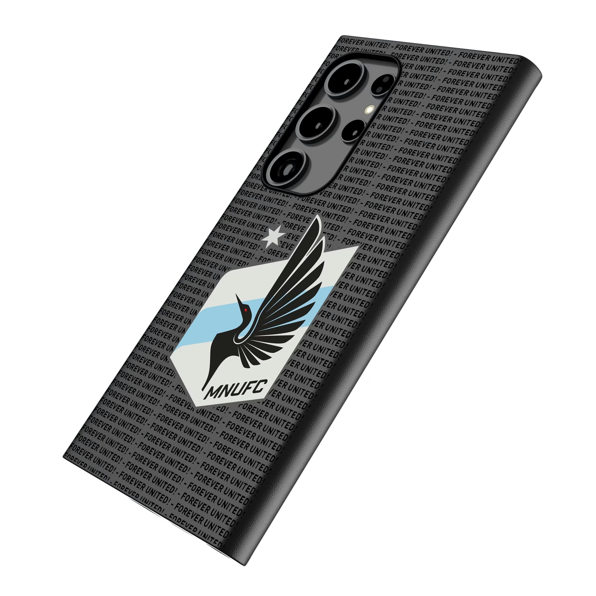 Minnesota United FC Text Backdrop Galaxy MagSafe Compatible Phone Case for Samsung Galaxy - Isometric View