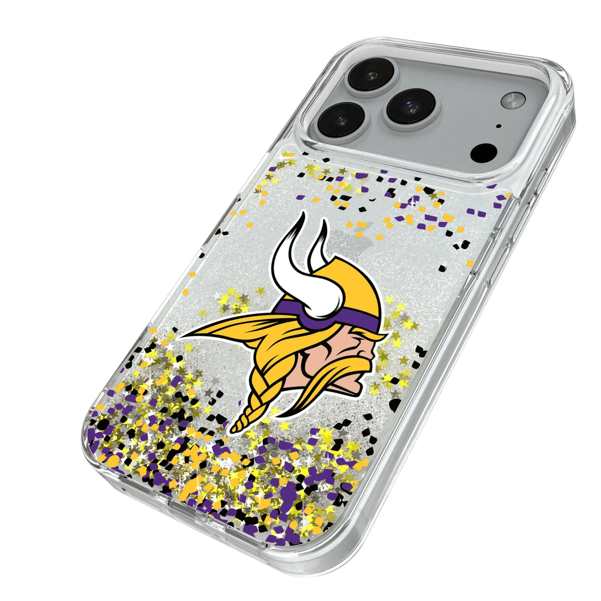 Minnesota Vikings Confetti iPhone Glitter Phone Case for Apple iPhone - Isometric View#Device_iPhone 18 Pro