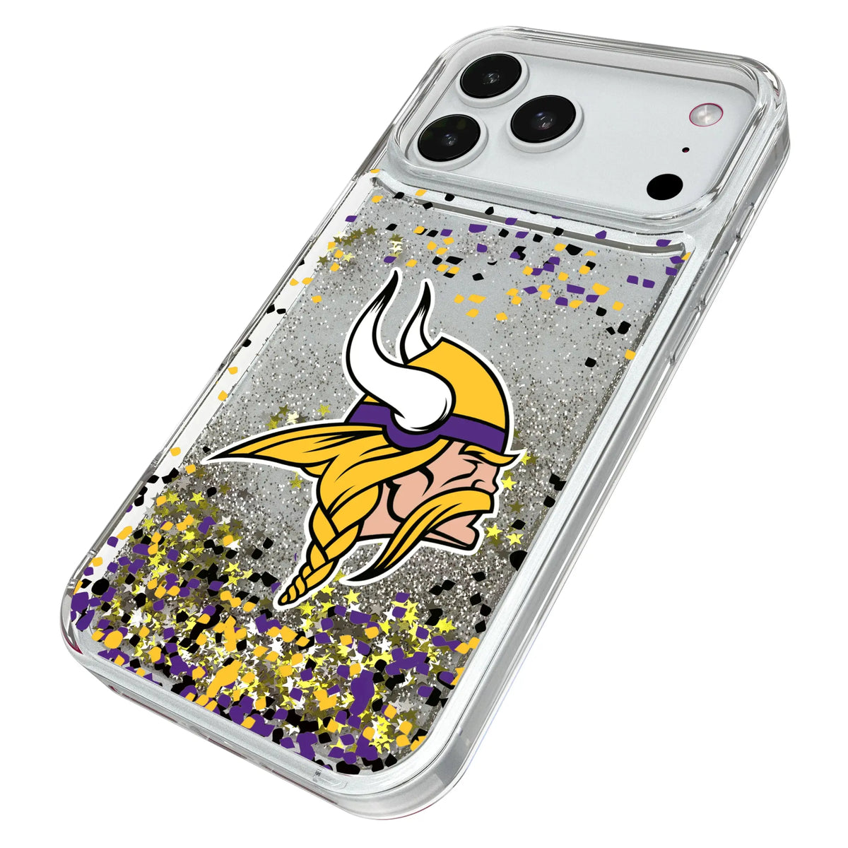 Minnesota Vikings Confetti iPhone Glitter Phone Case for Apple iPhone - Isometric View#Device_iPhone 18 Pro Max