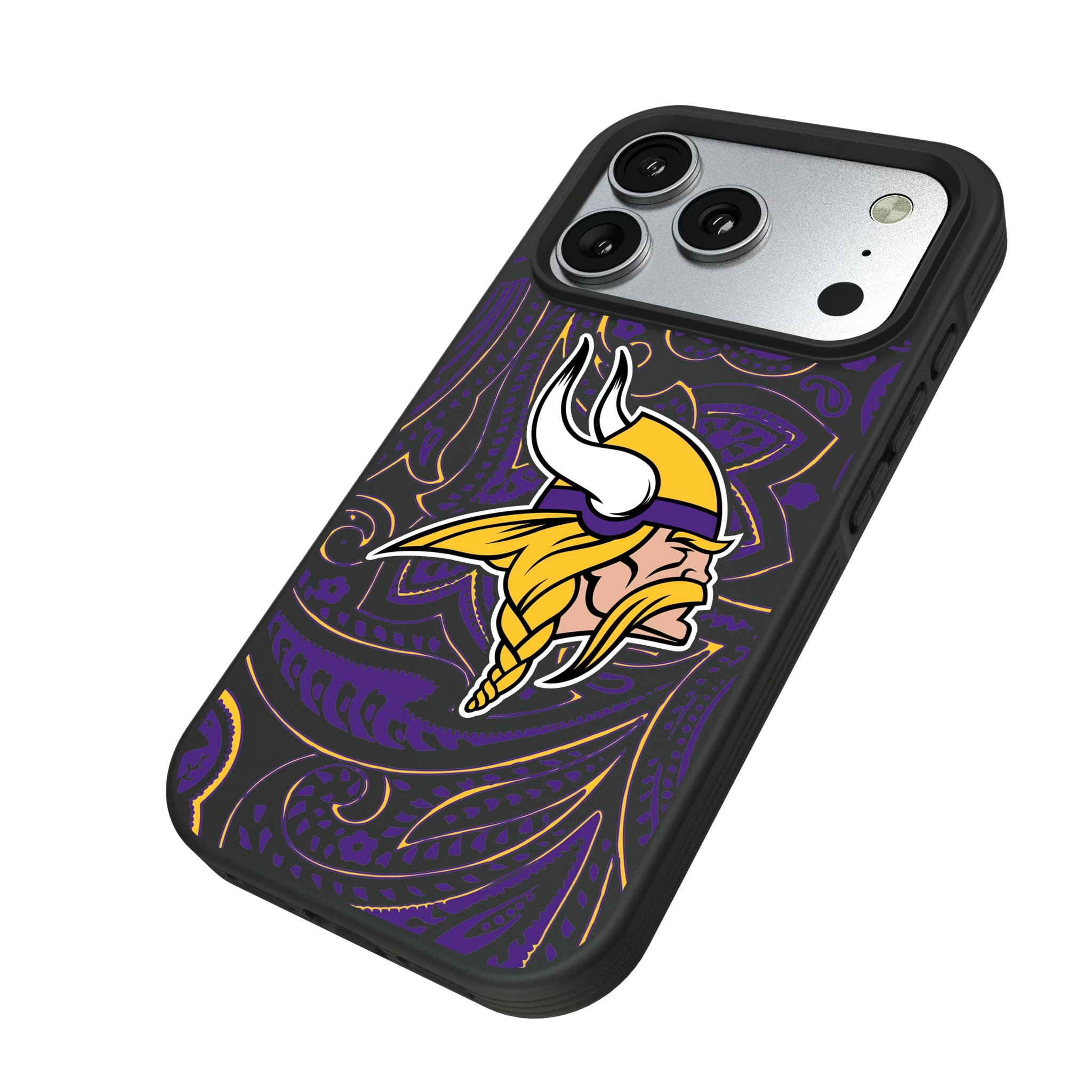 Minnesota Vikings Paisley iPhone Bump Phone Case for Apple iPhone - Isometric View#Device_iPhone 17 Pro