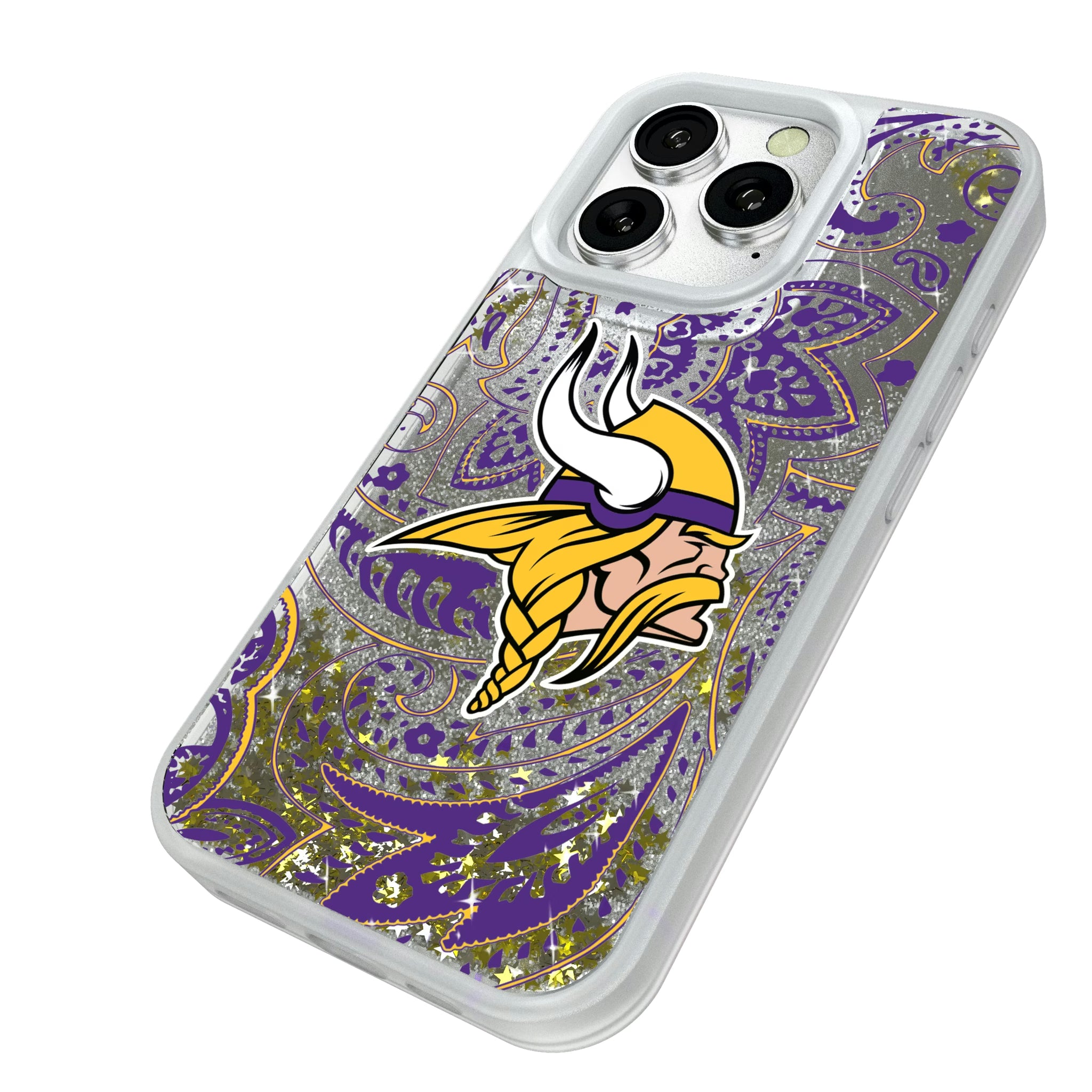 Minnesota Vikings Paisley iPhone Glitter Phone Case for Apple iPhone - Isometric View#Device_iPhone 16 Pro