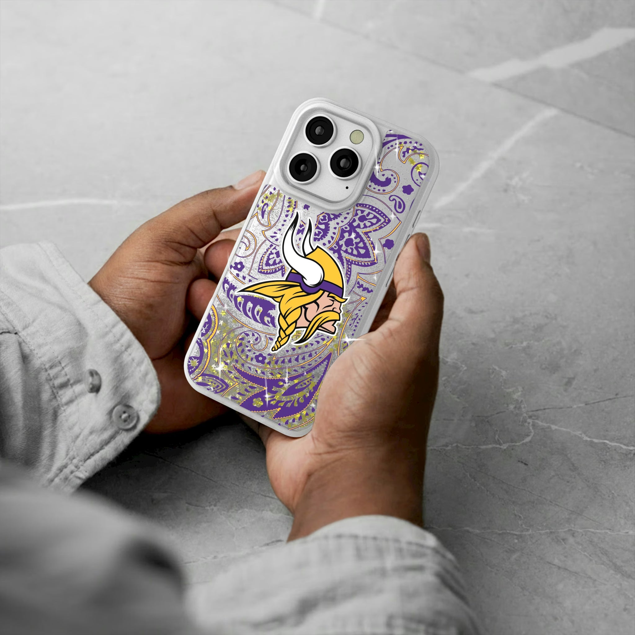 Minnesota Vikings Paisley iPhone Glitter Phone Case for Apple iPhone - Lifestyle#Device_iPhone 16 Pro