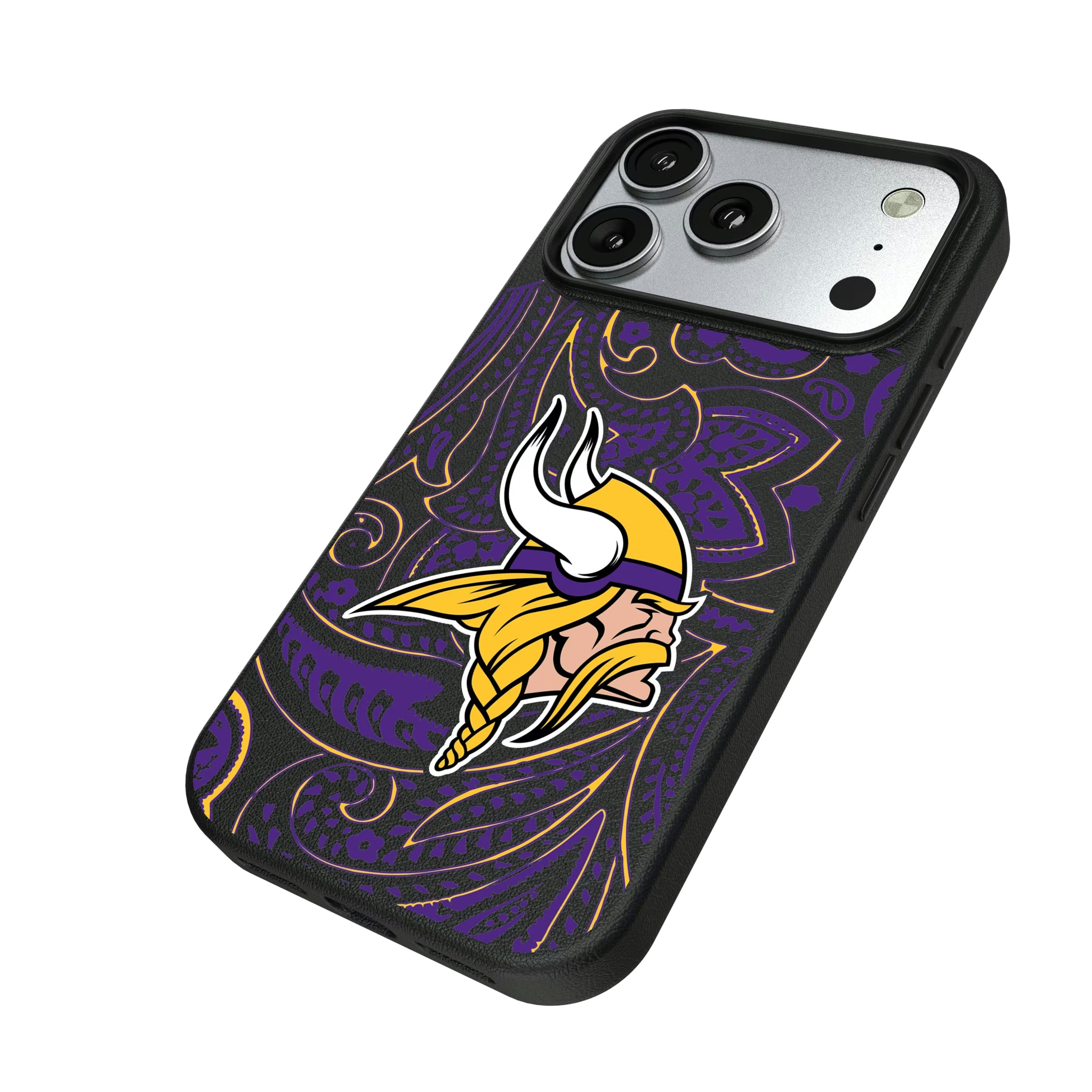 Minnesota Vikings Paisley iPhone MagSafe Compatible Phone Case for Apple iPhone - Isometric View#Device_iPhone 17 Pro