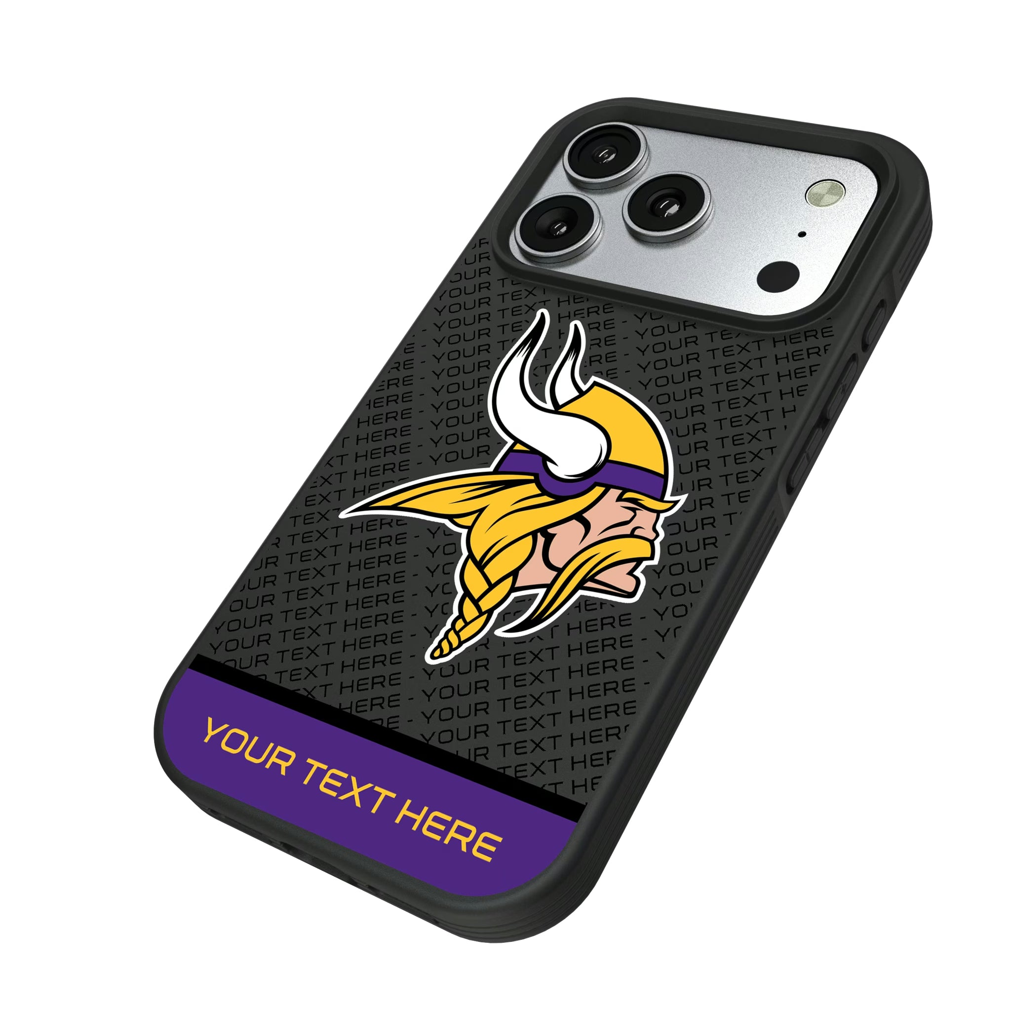 Minnesota Vikings Personalized EndZone Plus iPhone Bump Phone Case for Apple iPhone - Isometric View#Device_iPhone 17 Pro