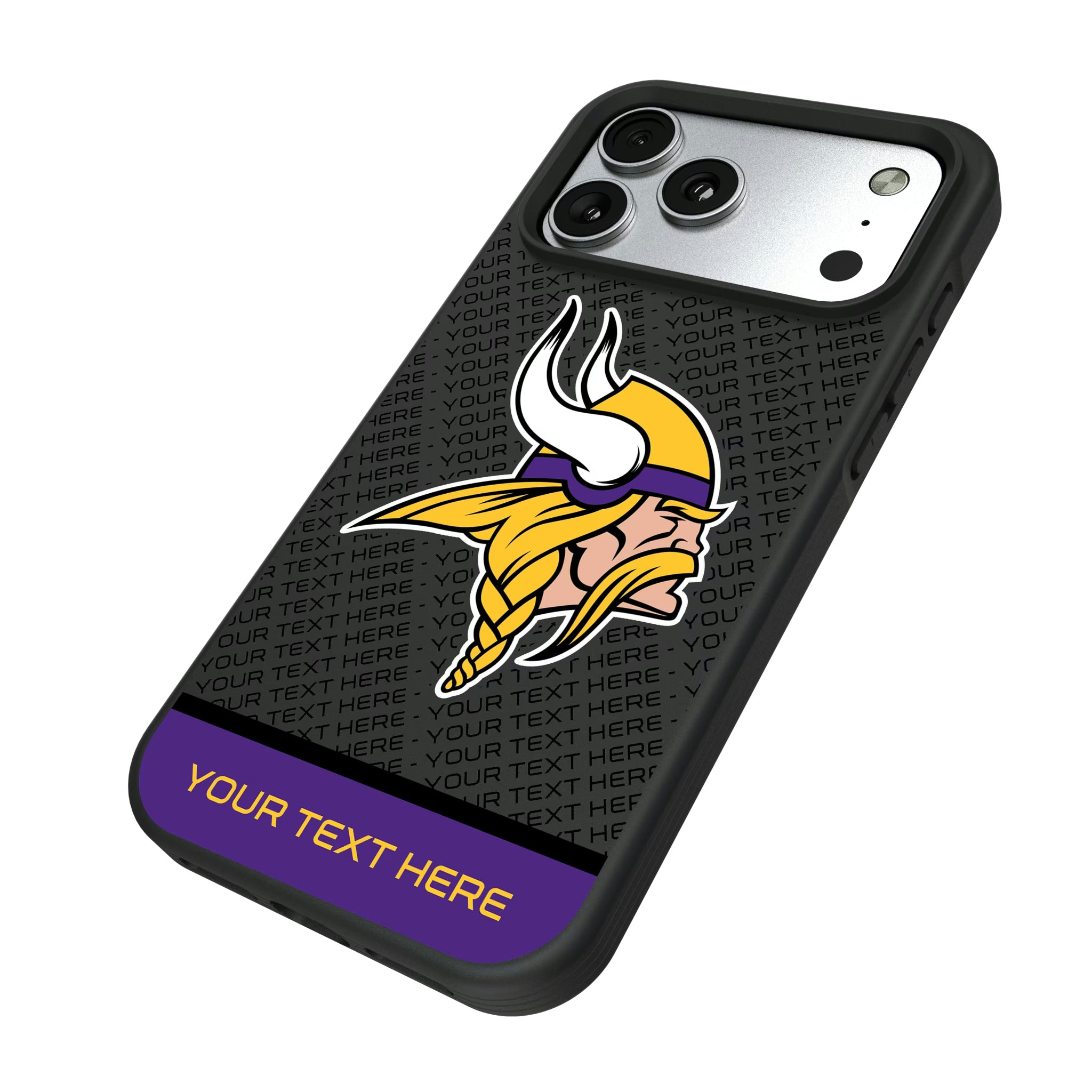 Minnesota Vikings Personalized EndZone Plus iPhone Bump Phone Case for Apple iPhone - Isometric View#Device_iPhone 17 Pro Max