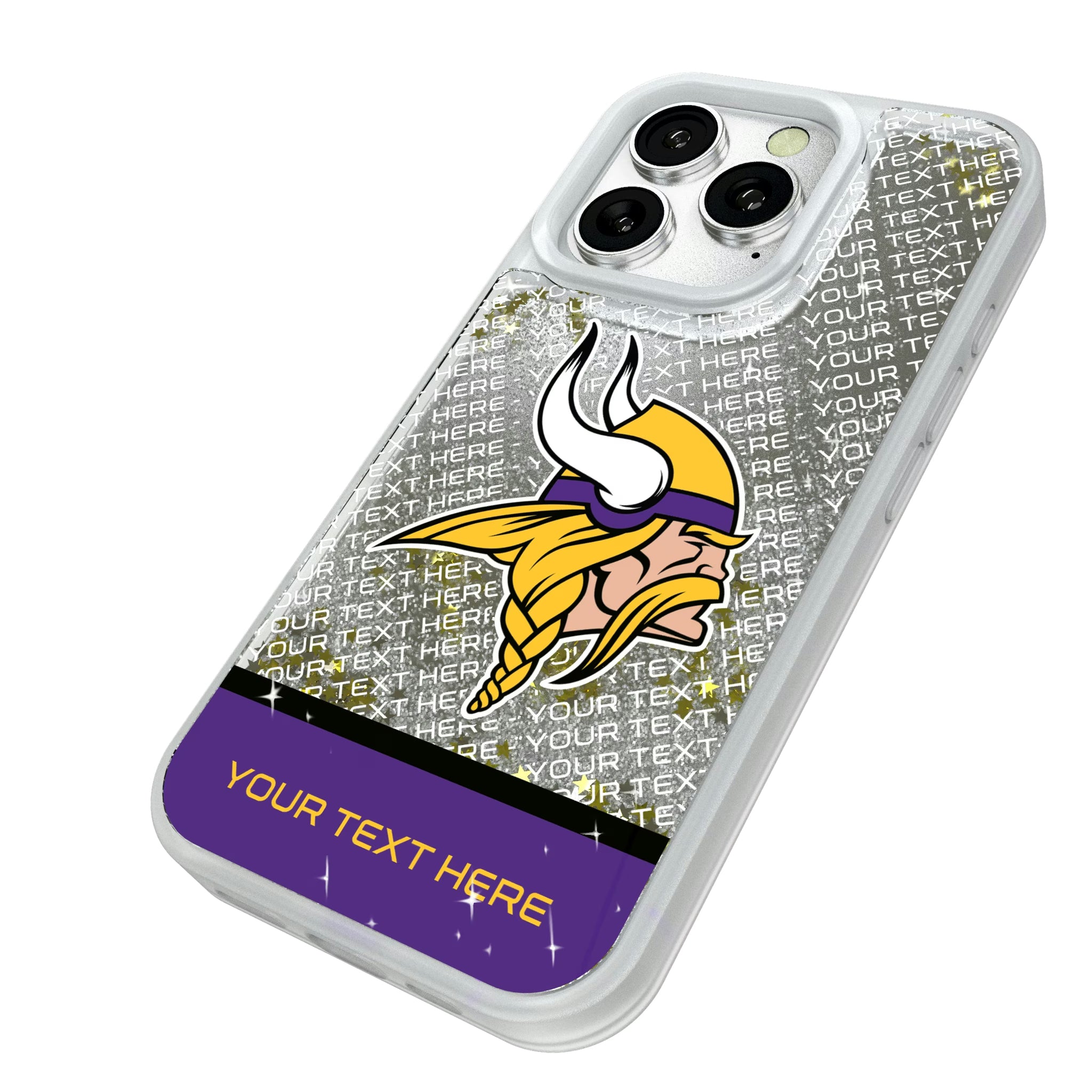 Minnesota Vikings Personalized EndZone Plus iPhone Glitter Phone Case for Apple iPhone - Isometric View#Device_iPhone 16 Pro