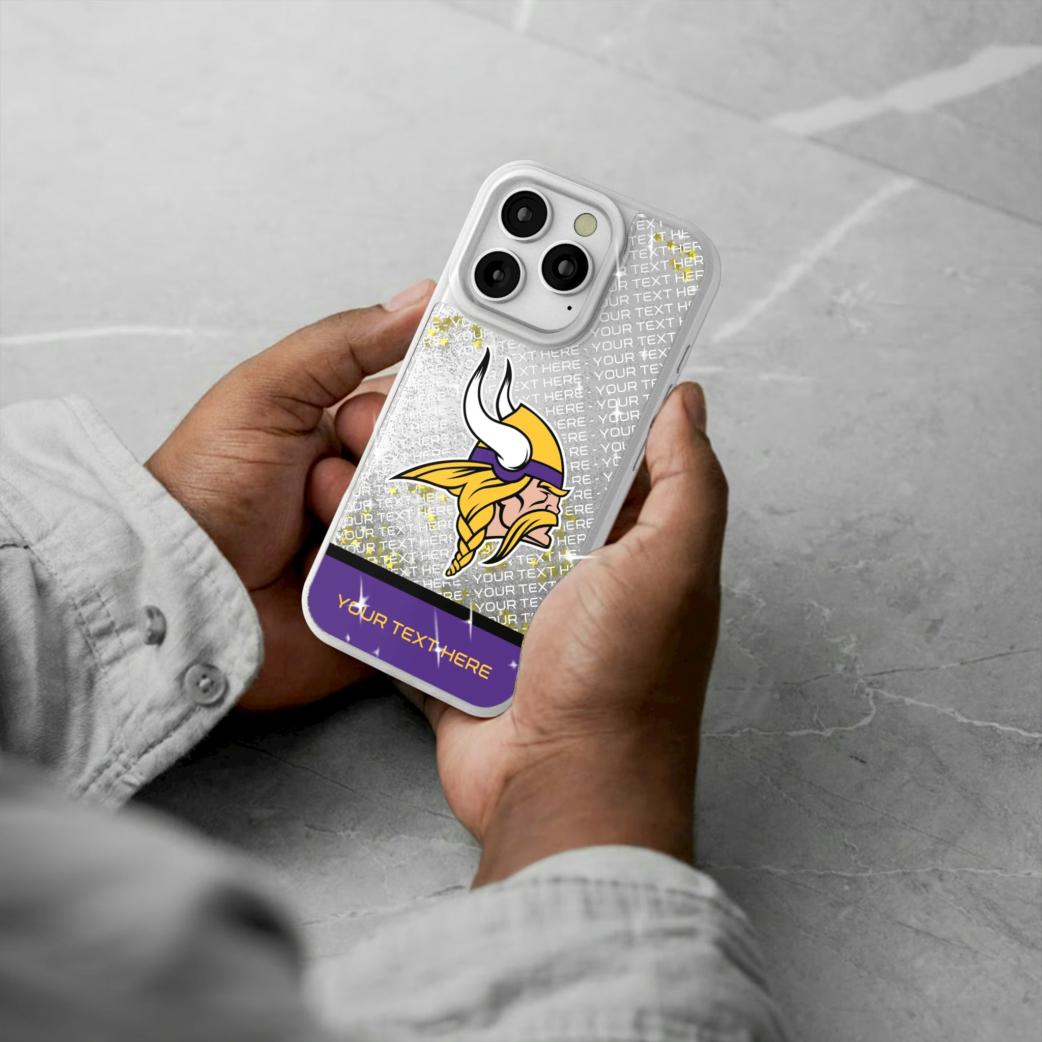 Minnesota Vikings Personalized EndZone Plus iPhone Glitter Phone Case for Apple iPhone - Lifestyle#Device_iPhone 16 Pro