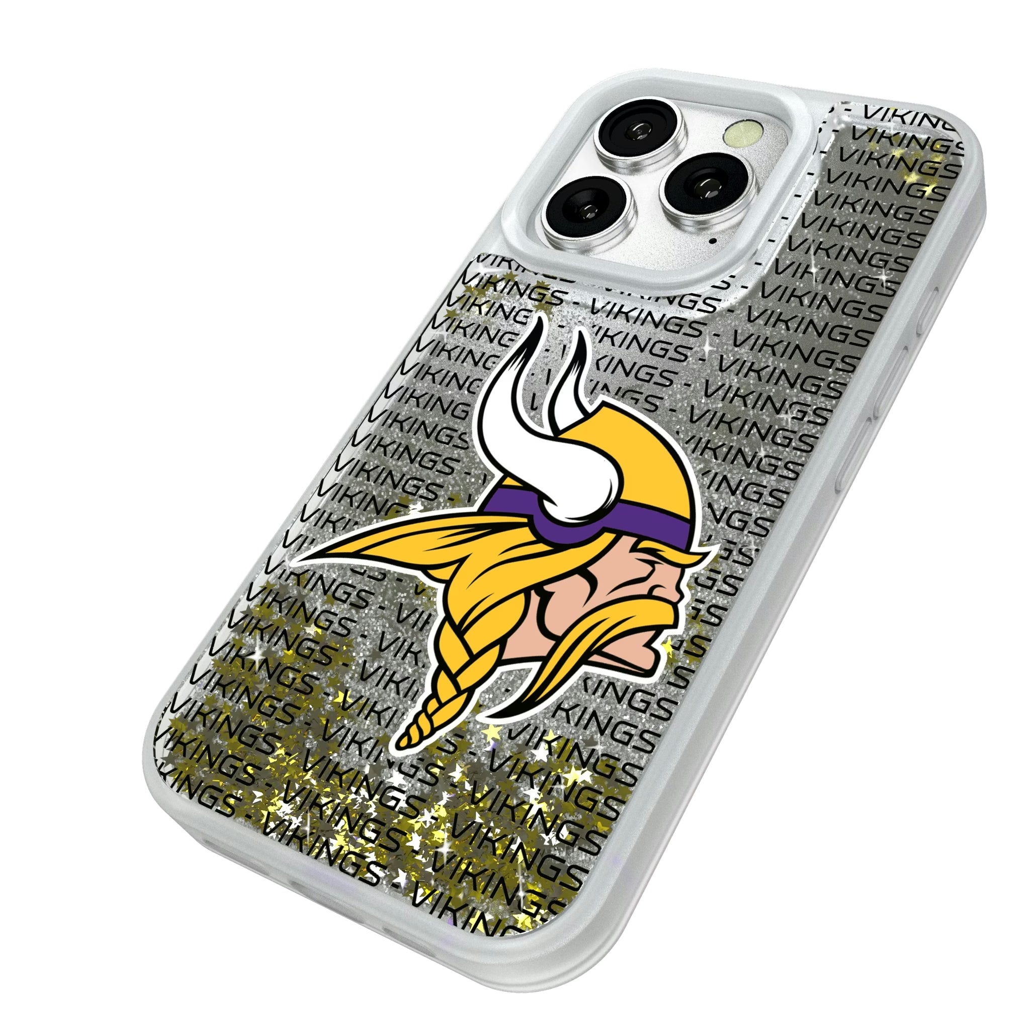 Minnesota Vikings Text Backdrop iPhone Glitter Phone Case for Apple iPhone - Isometric View#Device_iPhone 16 Pro
