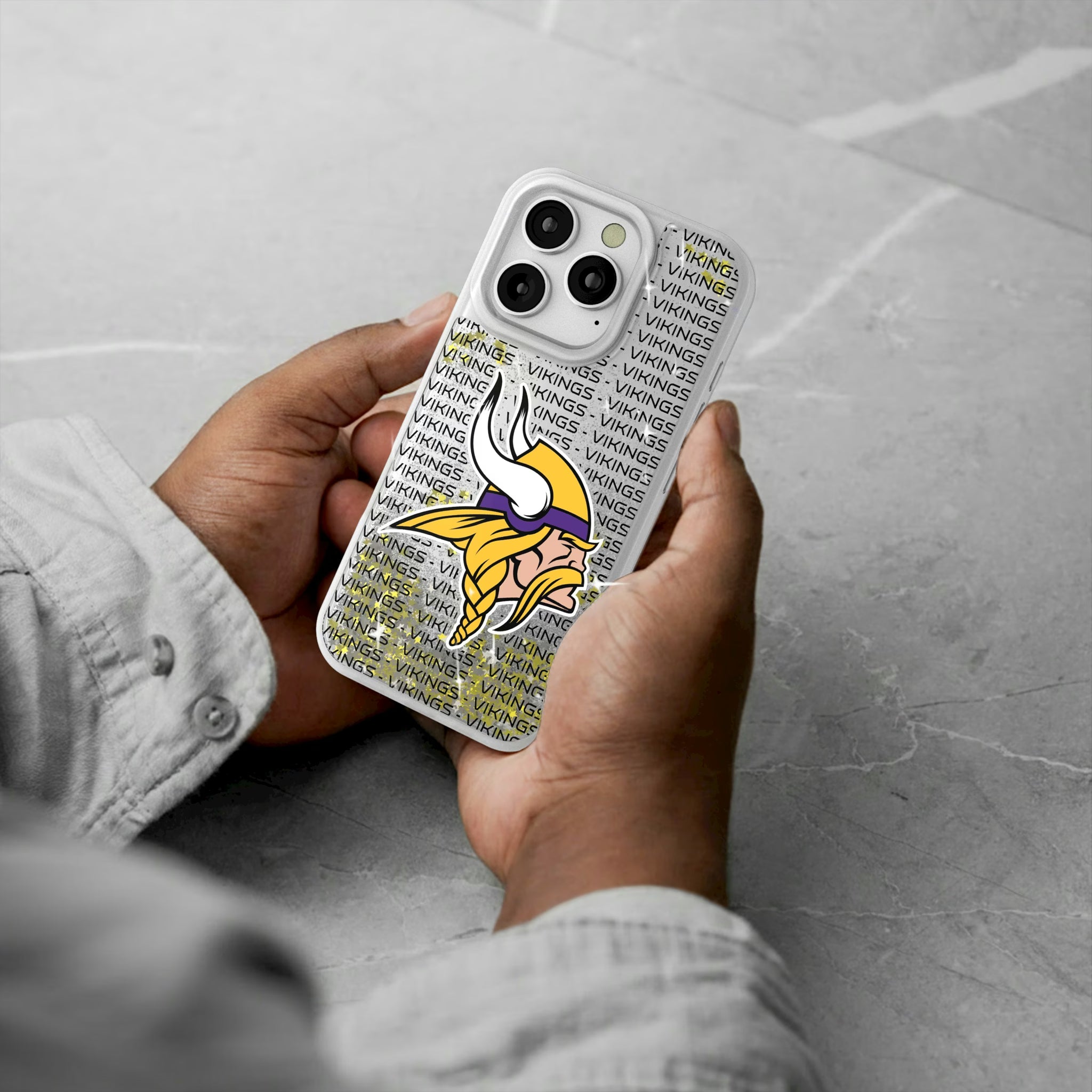 Minnesota Vikings Text Backdrop iPhone Glitter Phone Case for Apple iPhone - Lifestyle#Device_iPhone 16 Pro