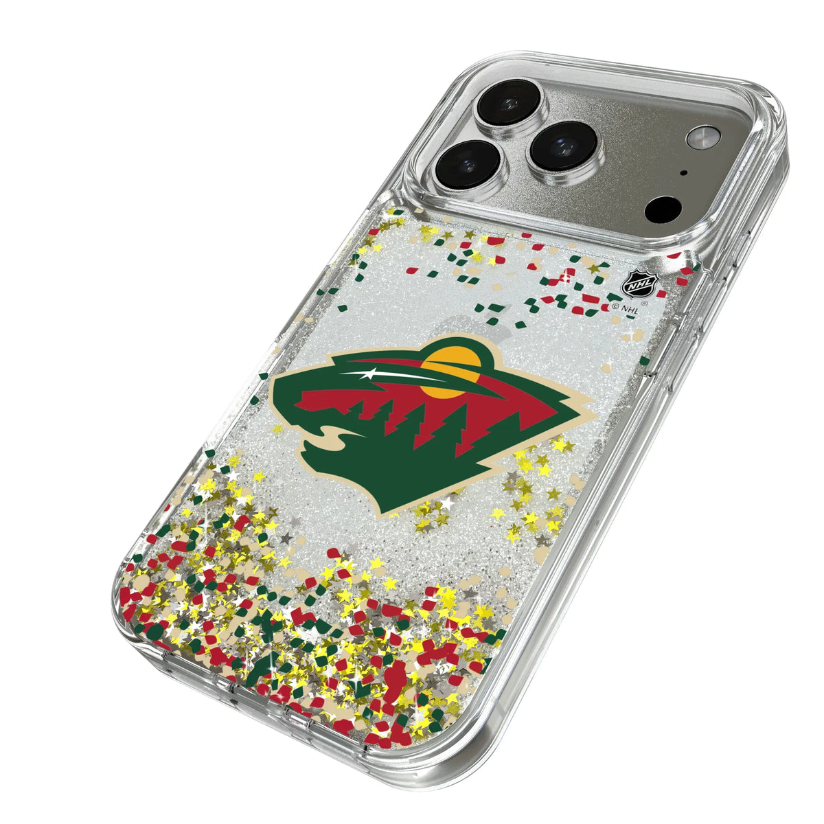 Minnesota Wild Confetti iPhone Glitter Phone Case for Apple iPhone - Isometric View#Device_iPhone 17 Pro