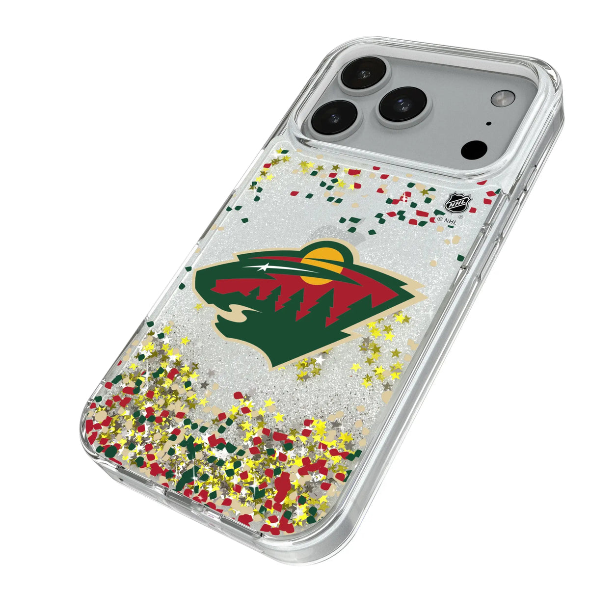 Minnesota Wild Confetti iPhone Glitter Phone Case for Apple iPhone - Isometric View#Device_iPhone 18 Pro