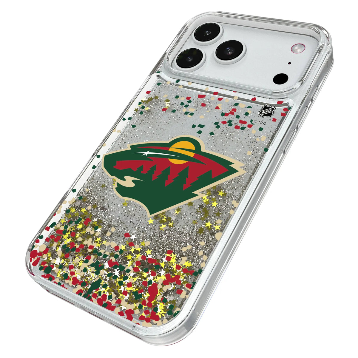 Minnesota Wild Confetti iPhone Glitter Phone Case for Apple iPhone - Isometric View#Device_iPhone 18 Pro Max