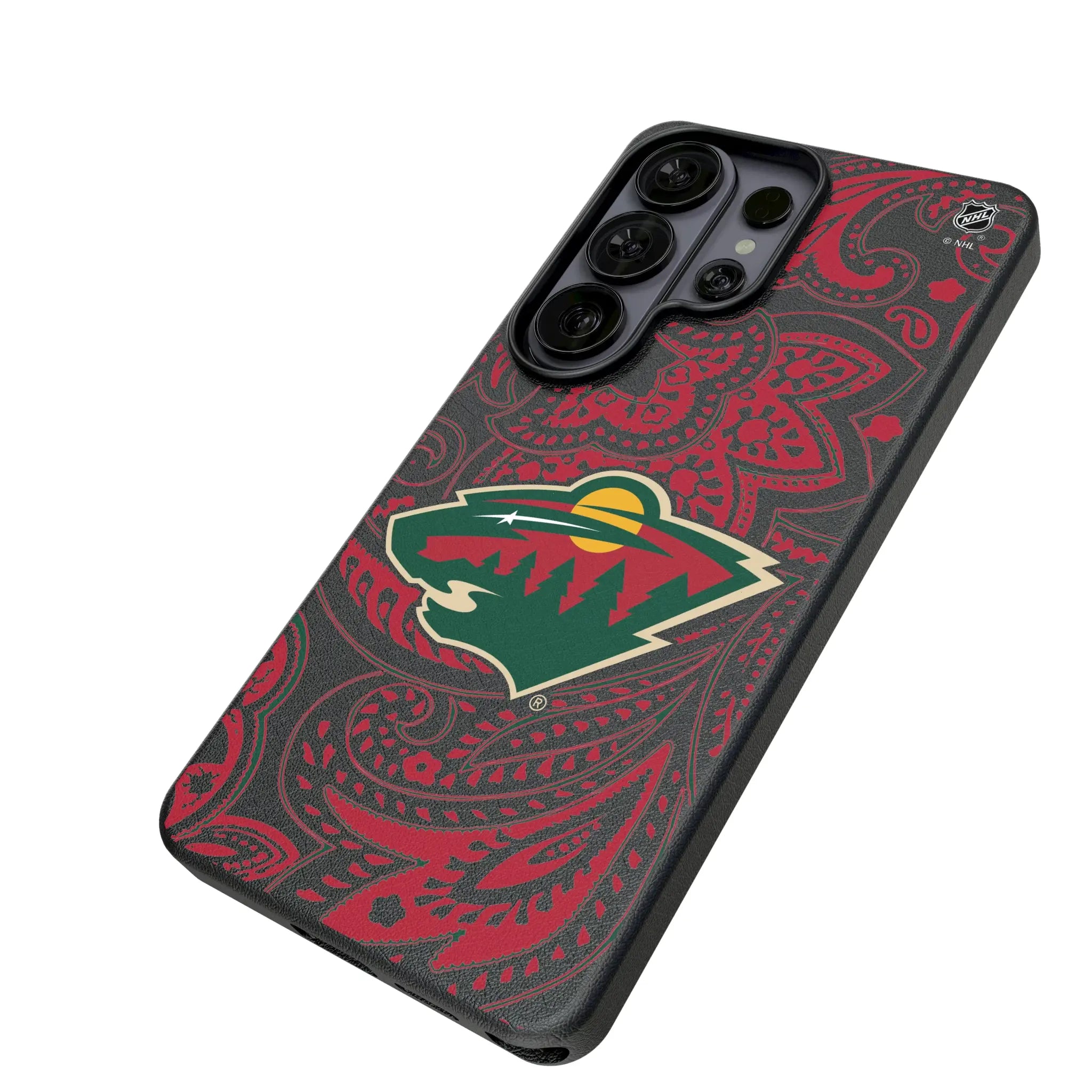 Minnesota Wild Paisley Galaxy MagSafe Compatible Phone Case for Samsung Galaxy - Isometric View#Device_Galaxy S26 Ultra