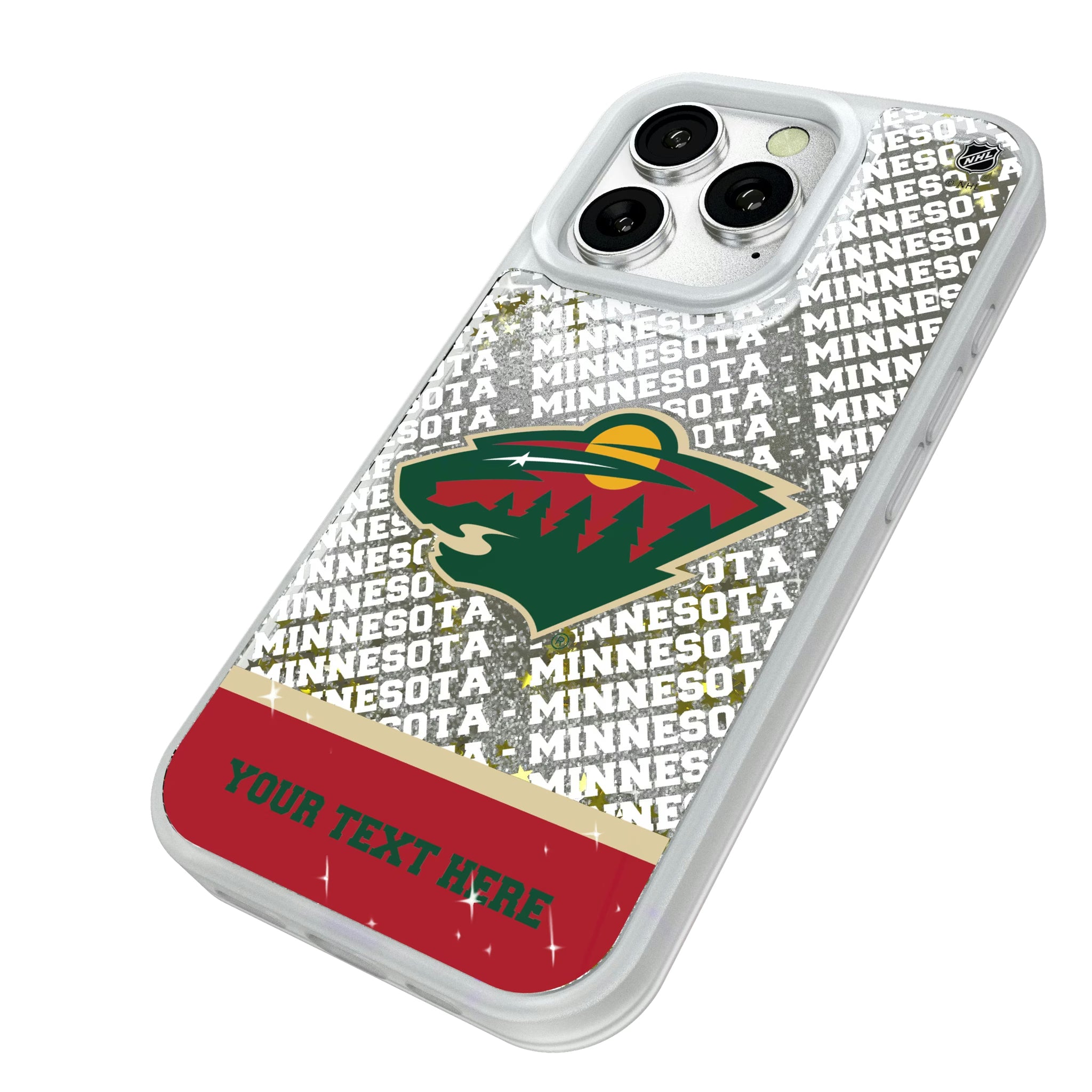 Minnesota Wild Personalized EndZone Plus iPhone Glitter Phone Case for Apple iPhone - Isometric View#Device_iPhone 16 Pro