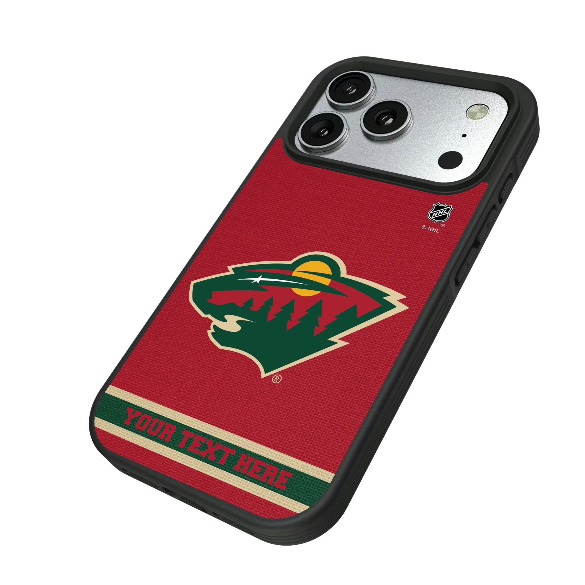 Minnesota Wild Personalized Stripe iPhone Bump Phone Case for Apple iPhone - Isometric View#Device_iPhone 17 Pro