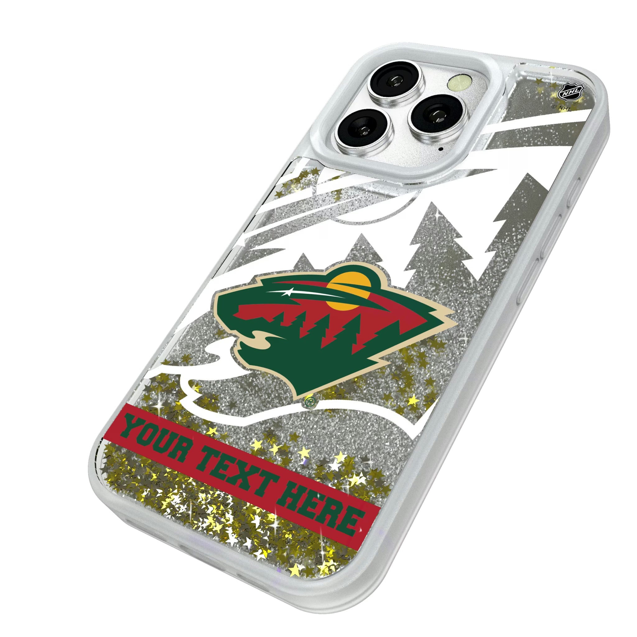 Minnesota Wild Personalized Tilt iPhone Glitter Phone Case for Apple iPhone - Isometric View#Device_iPhone 16 Pro