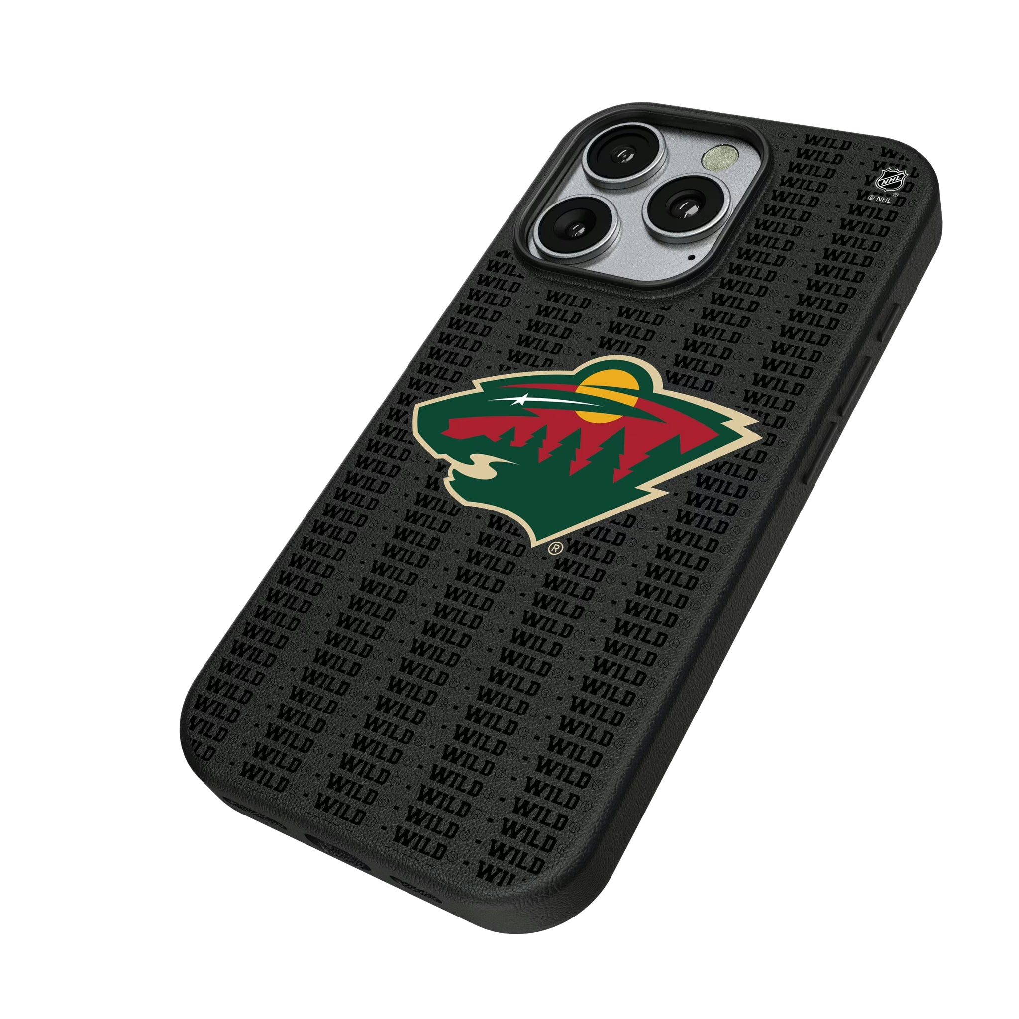 Minnesota Wild Text Backdrop iPhone MagSafe Compatible Phone Case for Apple iPhone - Isometric View