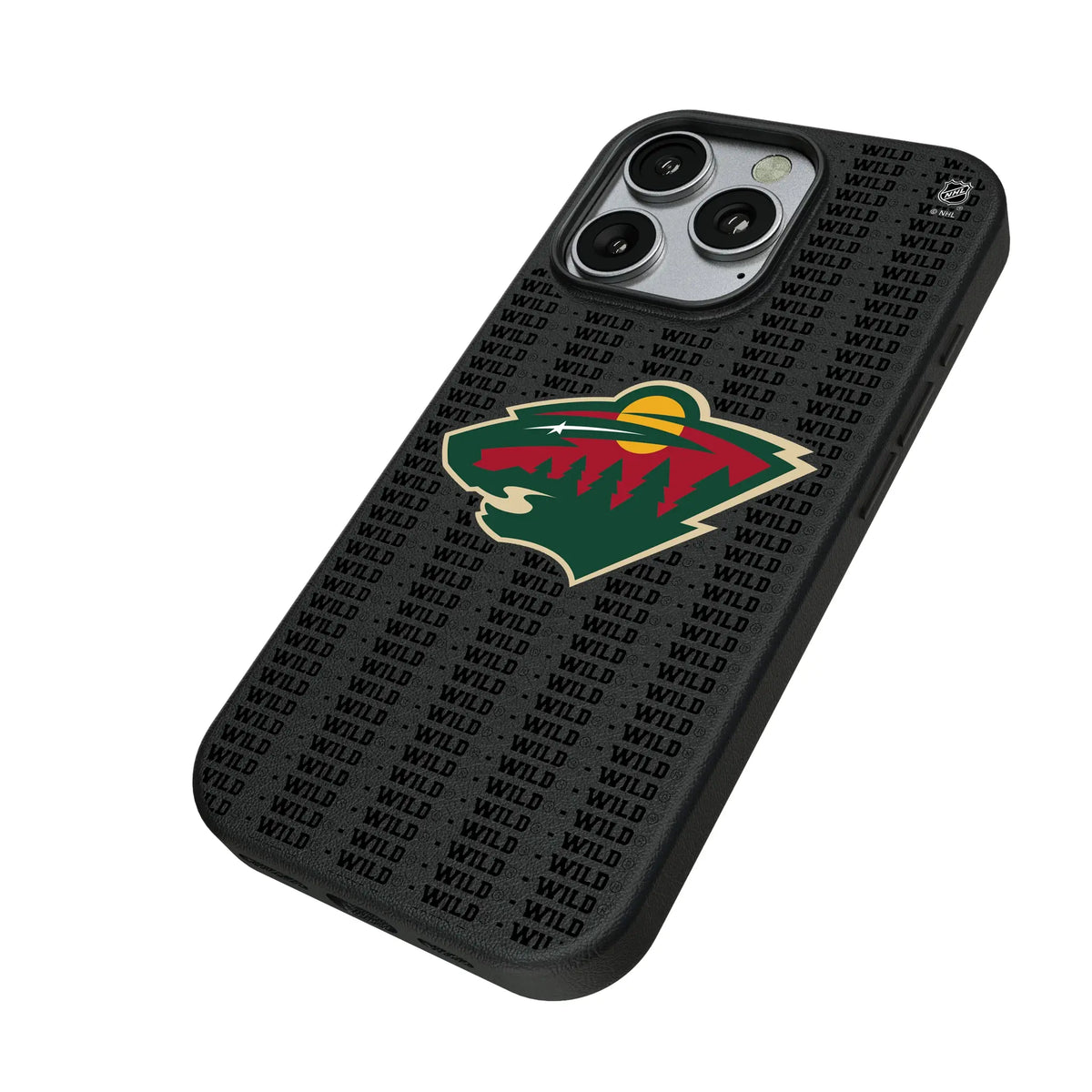 Minnesota Wild Text Backdrop iPhone MagSafe Compatible Phone Case for Apple iPhone - Isometric View#Device_iPhone 16 Pro