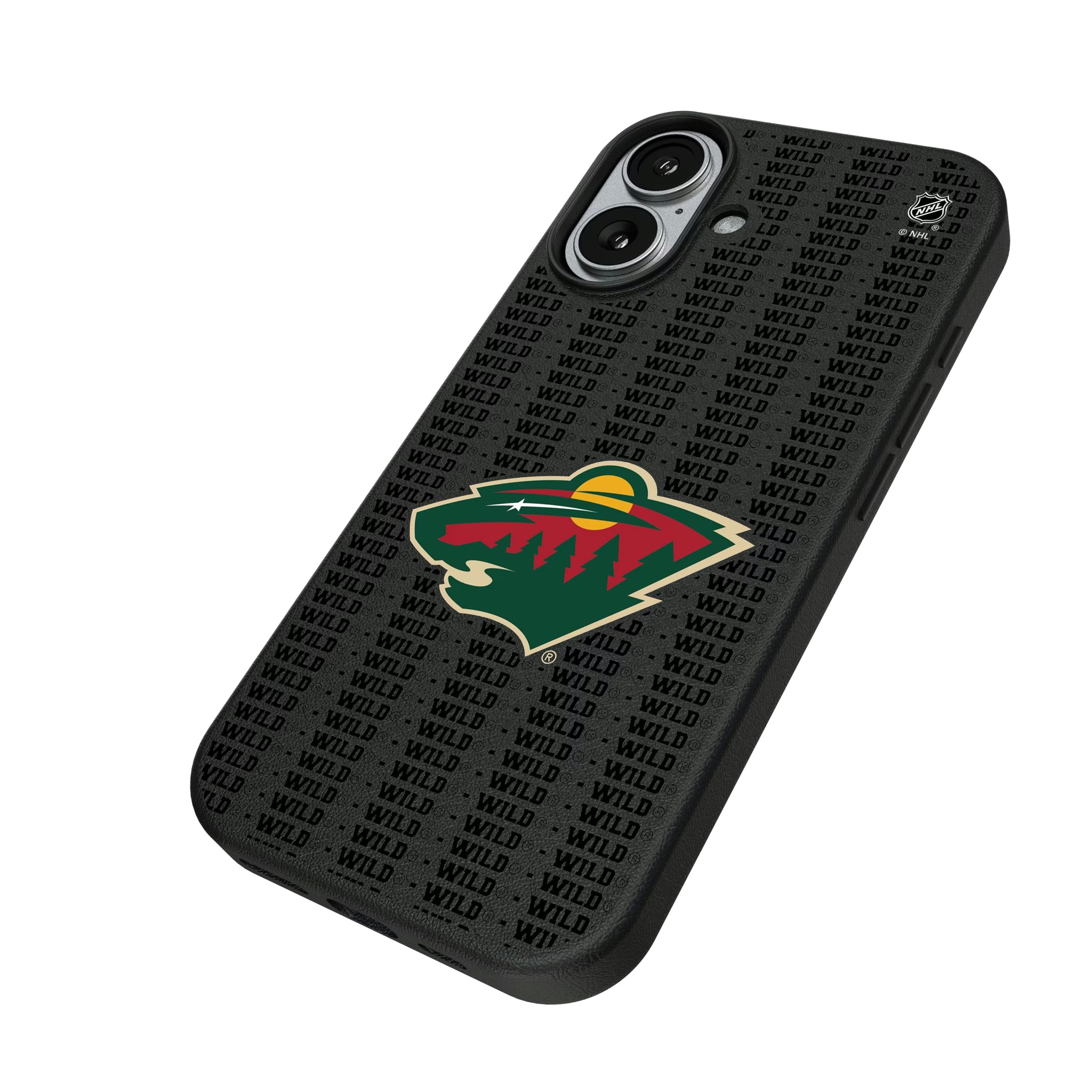 Minnesota Wild Text Backdrop iPhone MagSafe Compatible Phone Case for Apple iPhone - Isometric View#Device_iPhone 17