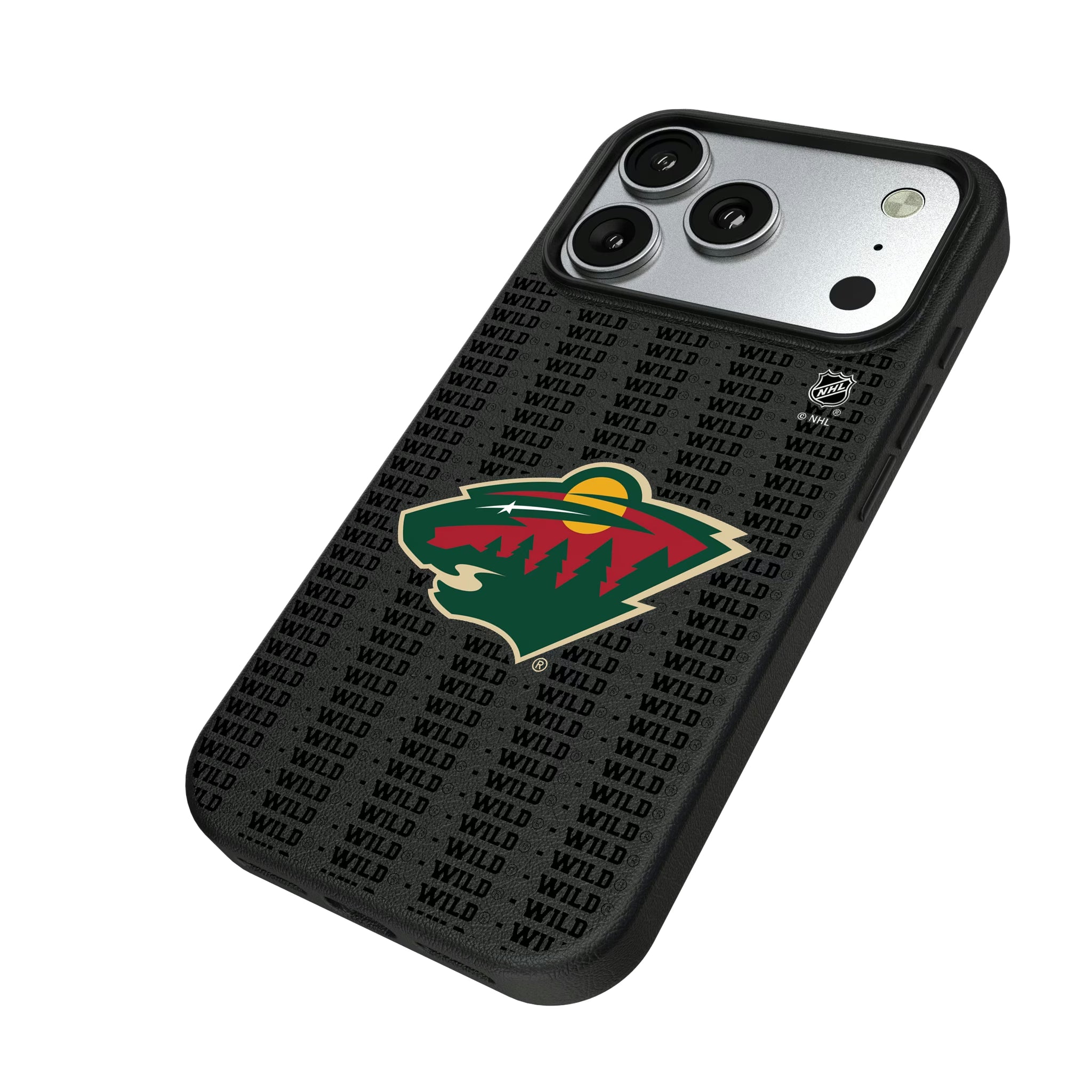 Minnesota Wild Text Backdrop iPhone MagSafe Compatible Phone Case for Apple iPhone - Isometric View#Device_iPhone 17 Pro