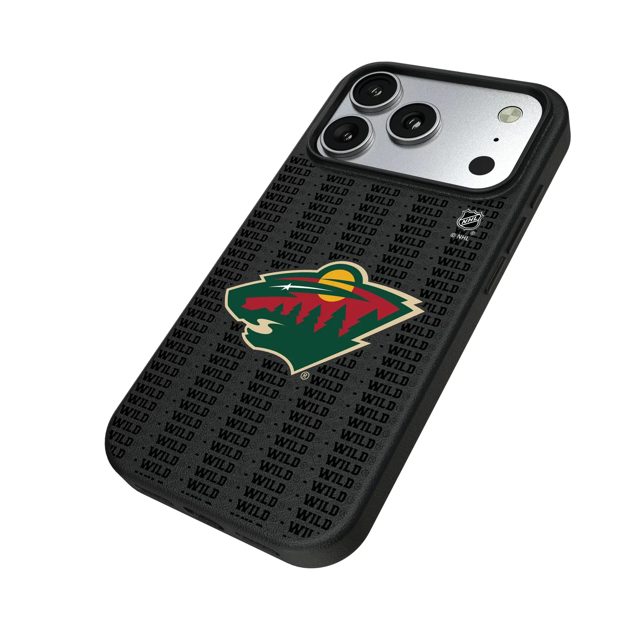 Minnesota Wild Text Backdrop iPhone MagSafe Compatible Phone Case for Apple iPhone - Isometric View#Device_iPhone 17 Pro