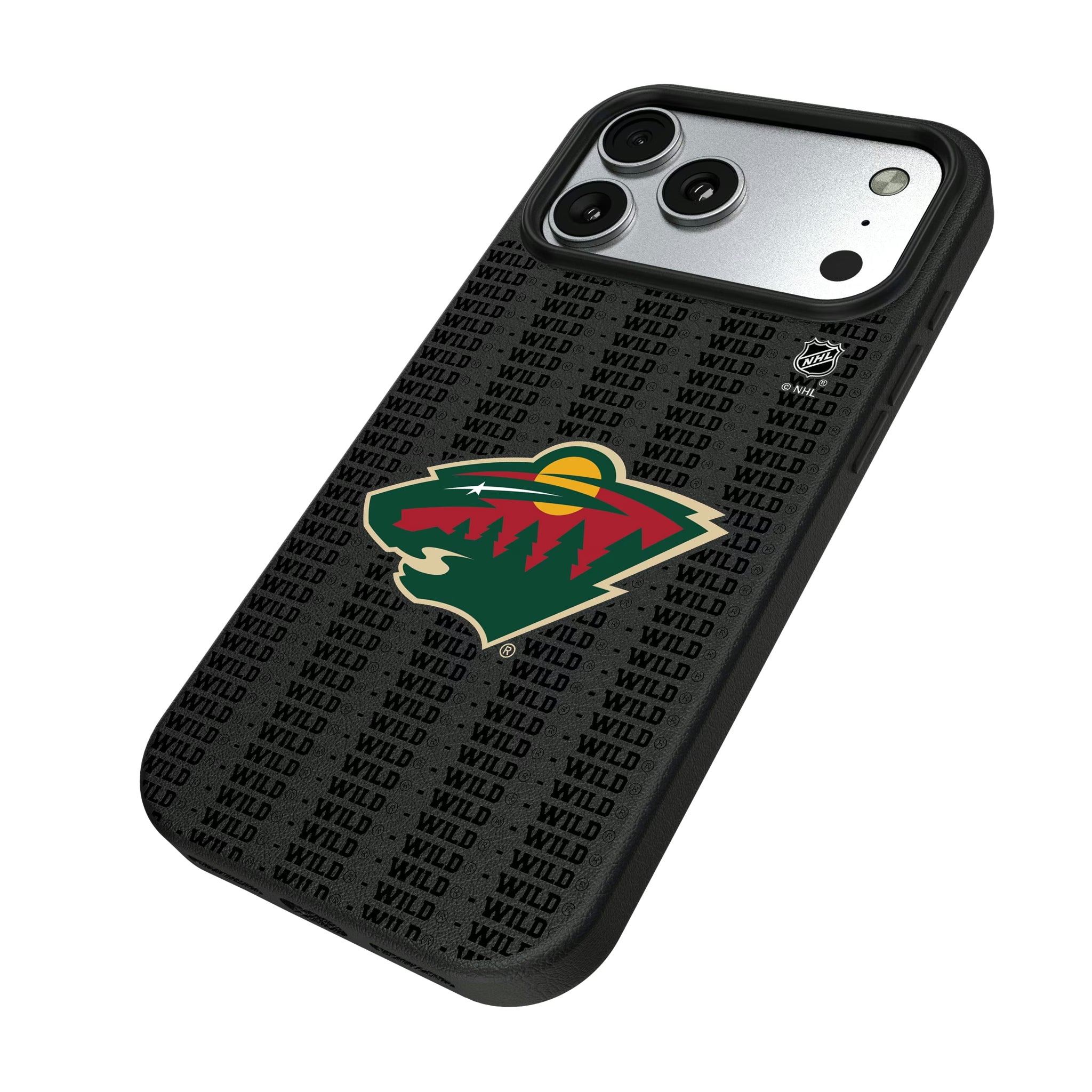 Minnesota Wild Text Backdrop iPhone MagSafe Compatible Phone Case for Apple iPhone - Isometric View#Device_iPhone 17 Pro Max