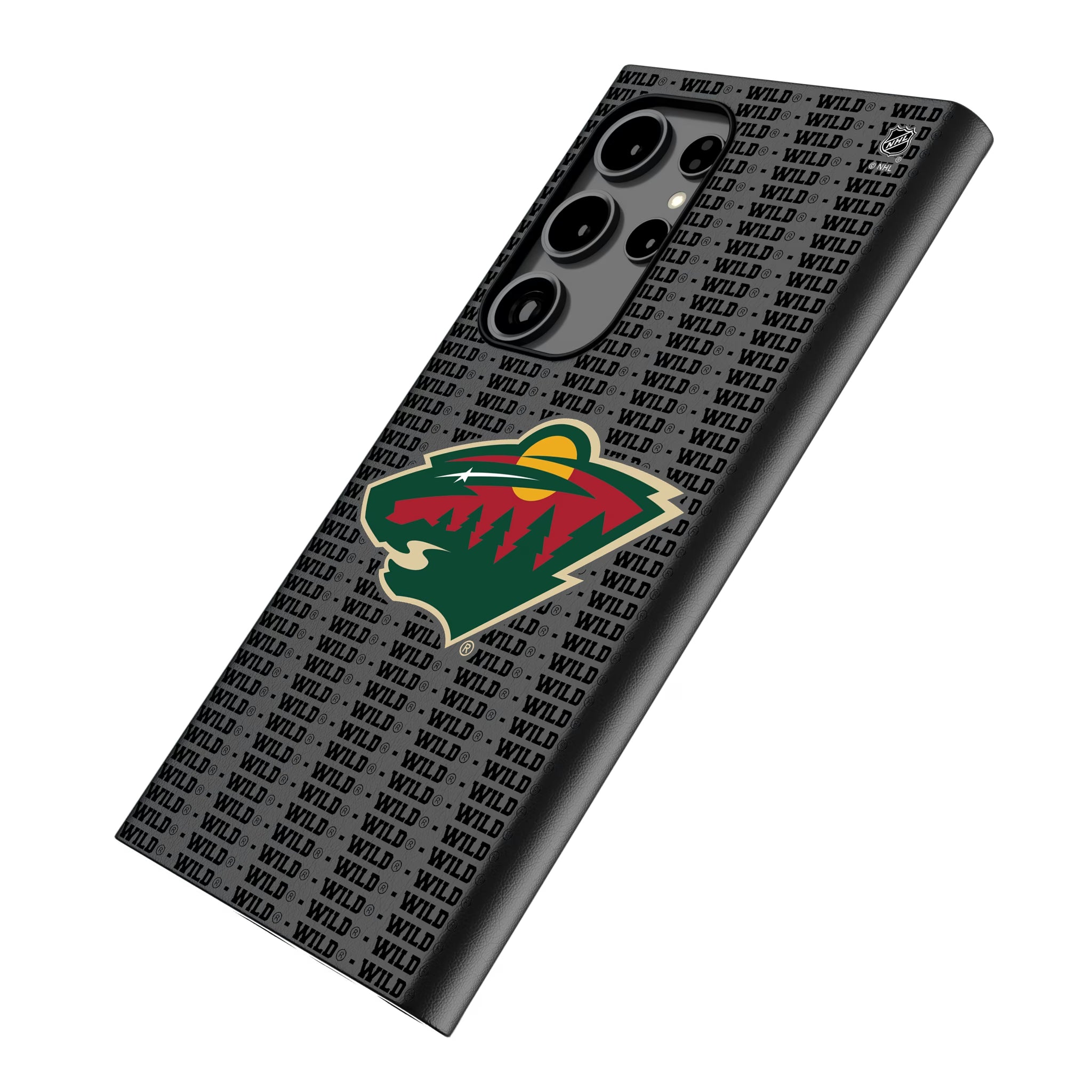 Minnesota Wild Text Backdrop Galaxy MagSafe Compatible Phone Case for Samsung Galaxy - Isometric View