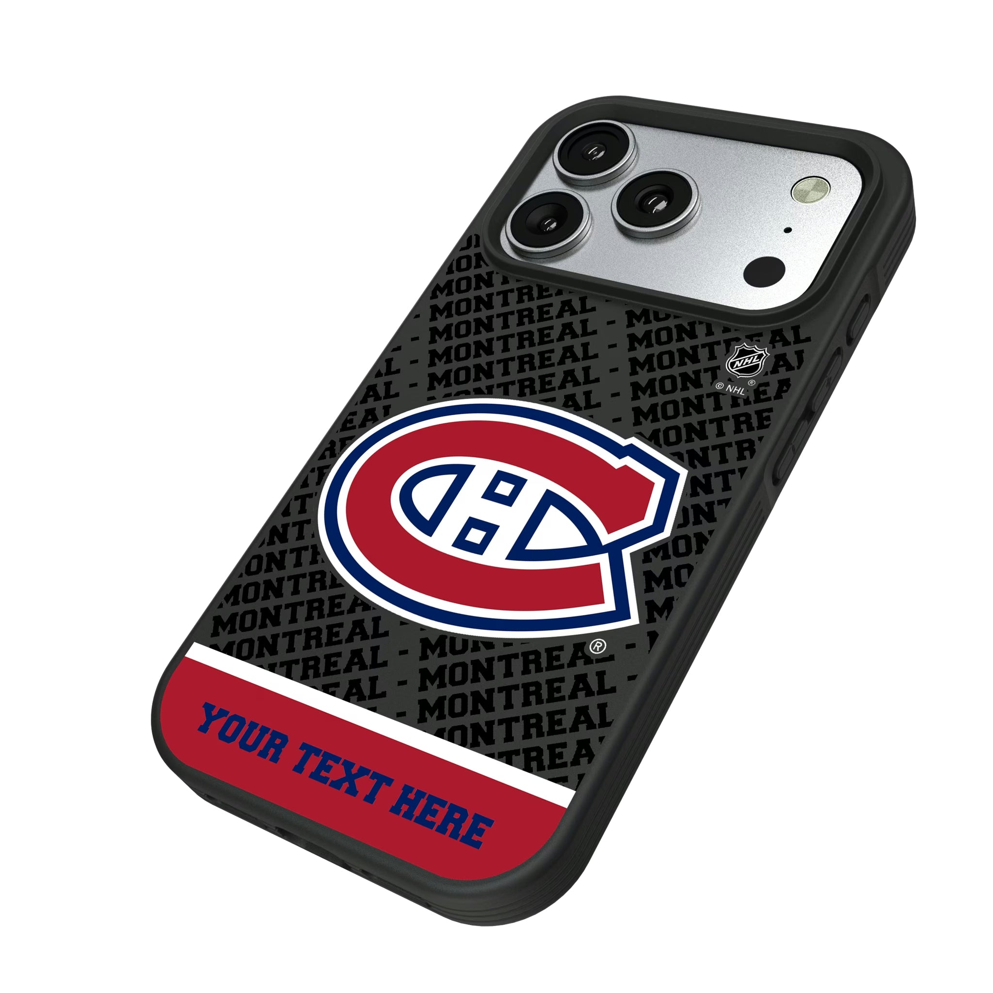 Montreal Canadiens Personalized EndZone Plus iPhone Bump Phone Case for Apple iPhone - Isometric View#Device_iPhone 17 Pro