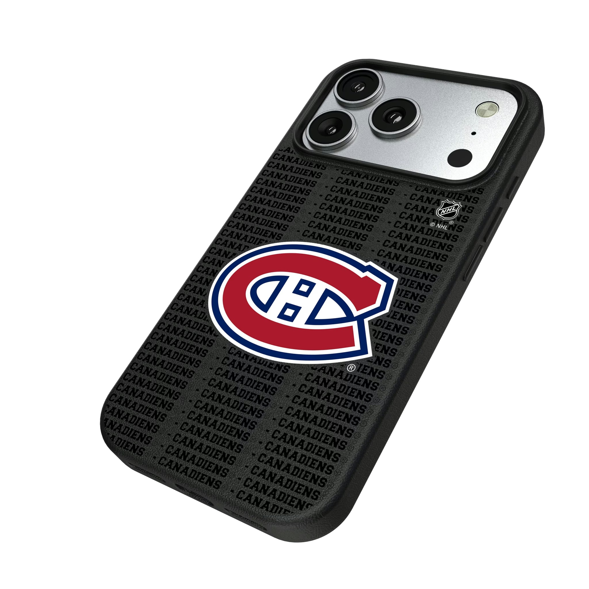 Montreal Canadiens Text Backdrop iPhone MagSafe Compatible Phone Case for Apple iPhone - Isometric View#Device_iPhone 17 Pro