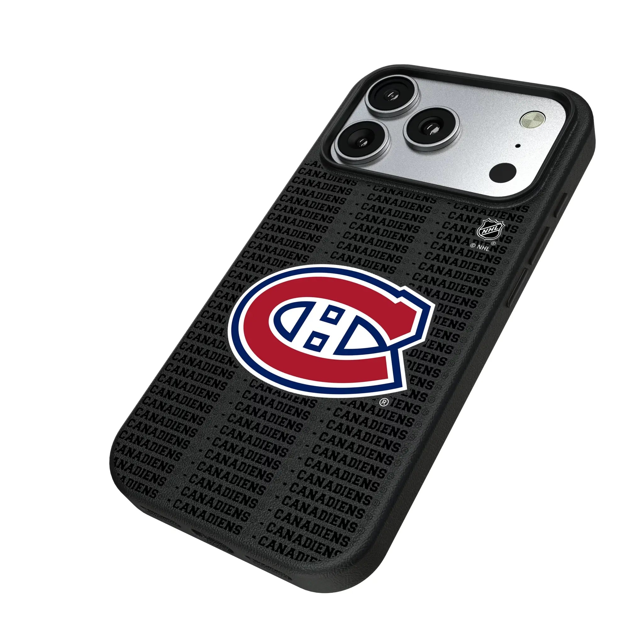 Montreal Canadiens Text Backdrop iPhone MagSafe Compatible Phone Case for Apple iPhone - Isometric View#Device_iPhone 17 Pro