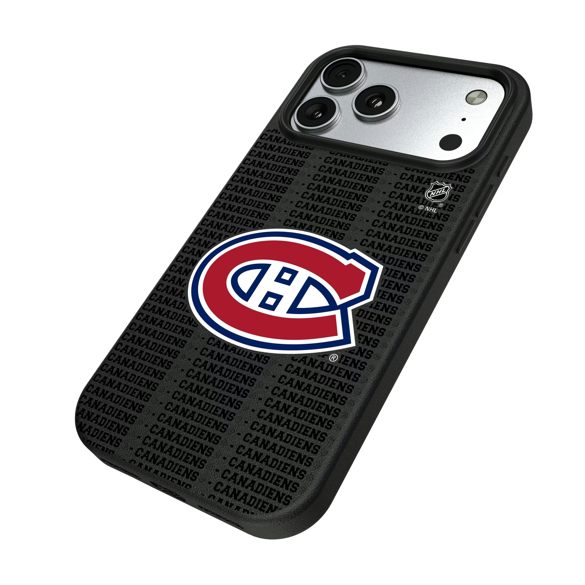 Montreal Canadiens Text Backdrop iPhone MagSafe Compatible Phone Case for Apple iPhone - Isometric View#Device_iPhone 17 Pro Max