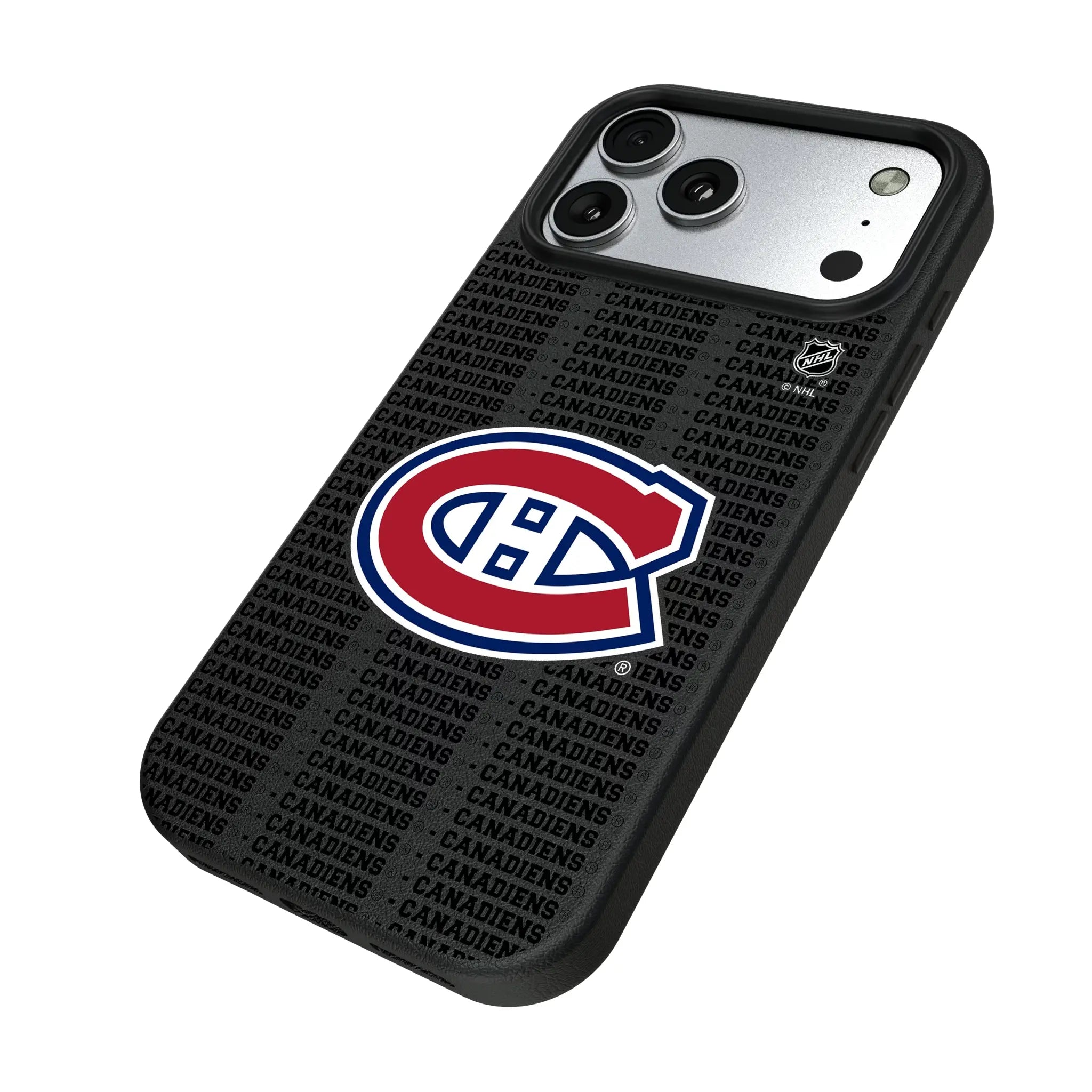 Montreal Canadiens Text Backdrop iPhone MagSafe Compatible Phone Case for Apple iPhone - Isometric View#Device_iPhone 17 Pro Max
