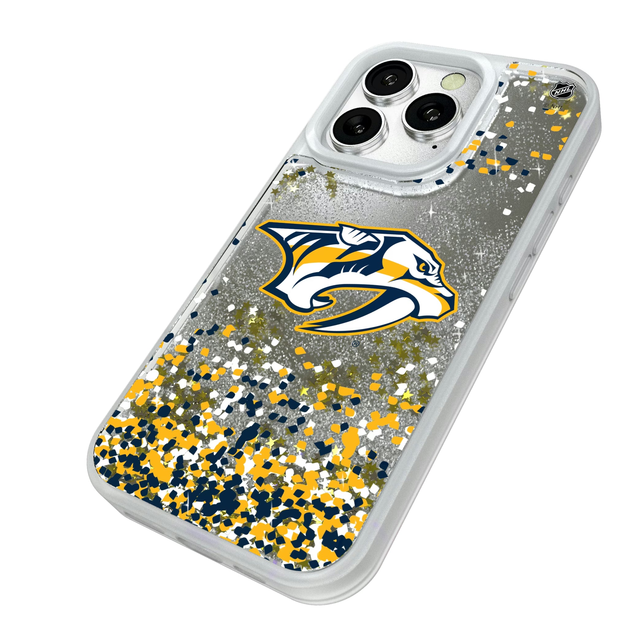 Nashville Predators Confetti iPhone Glitter Phone Case for Apple iPhone - Isometric View#Device_iPhone 16 Pro