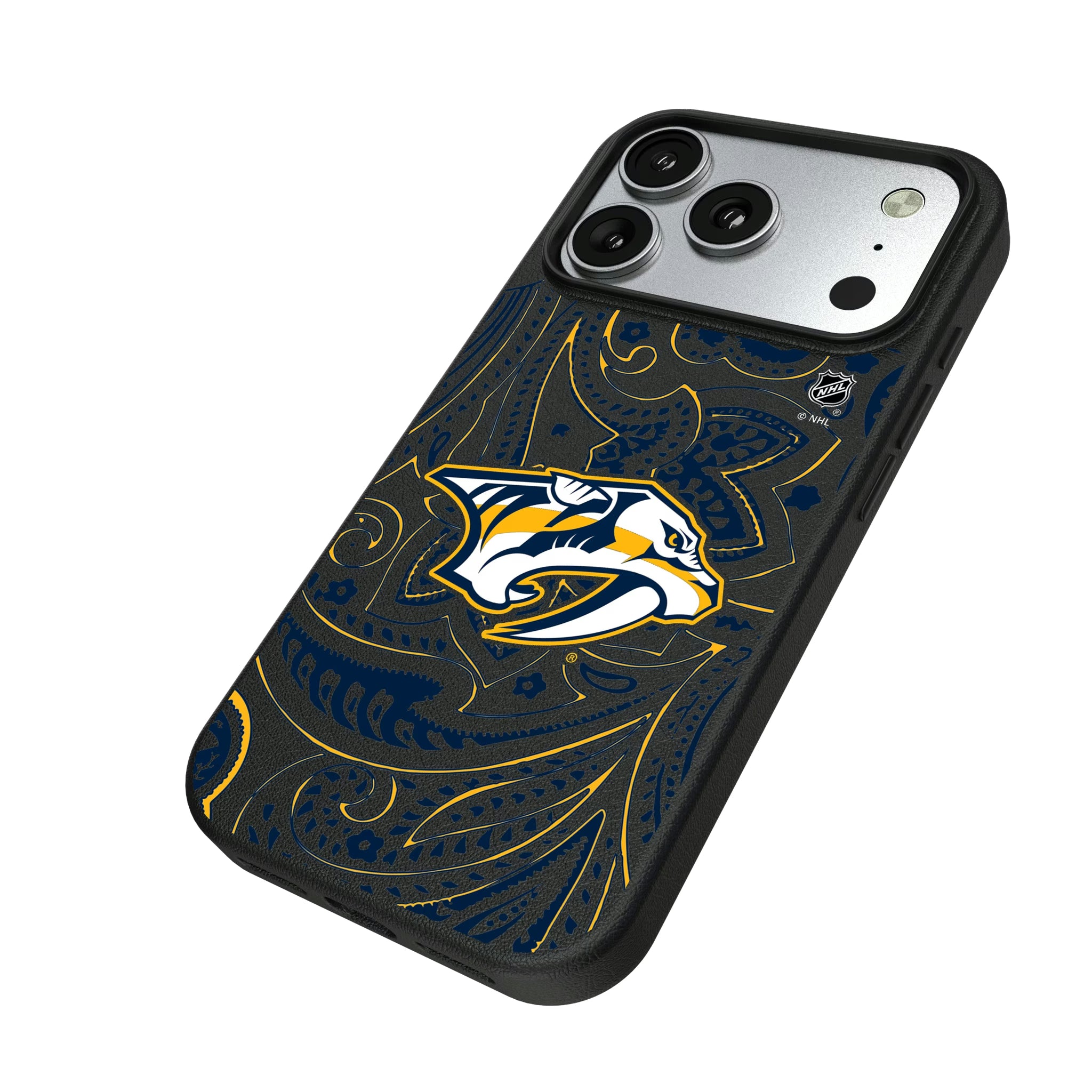 Nashville Predators Paisley iPhone MagSafe Compatible Phone Case for Apple iPhone - Isometric View#Device_iPhone 17 Pro