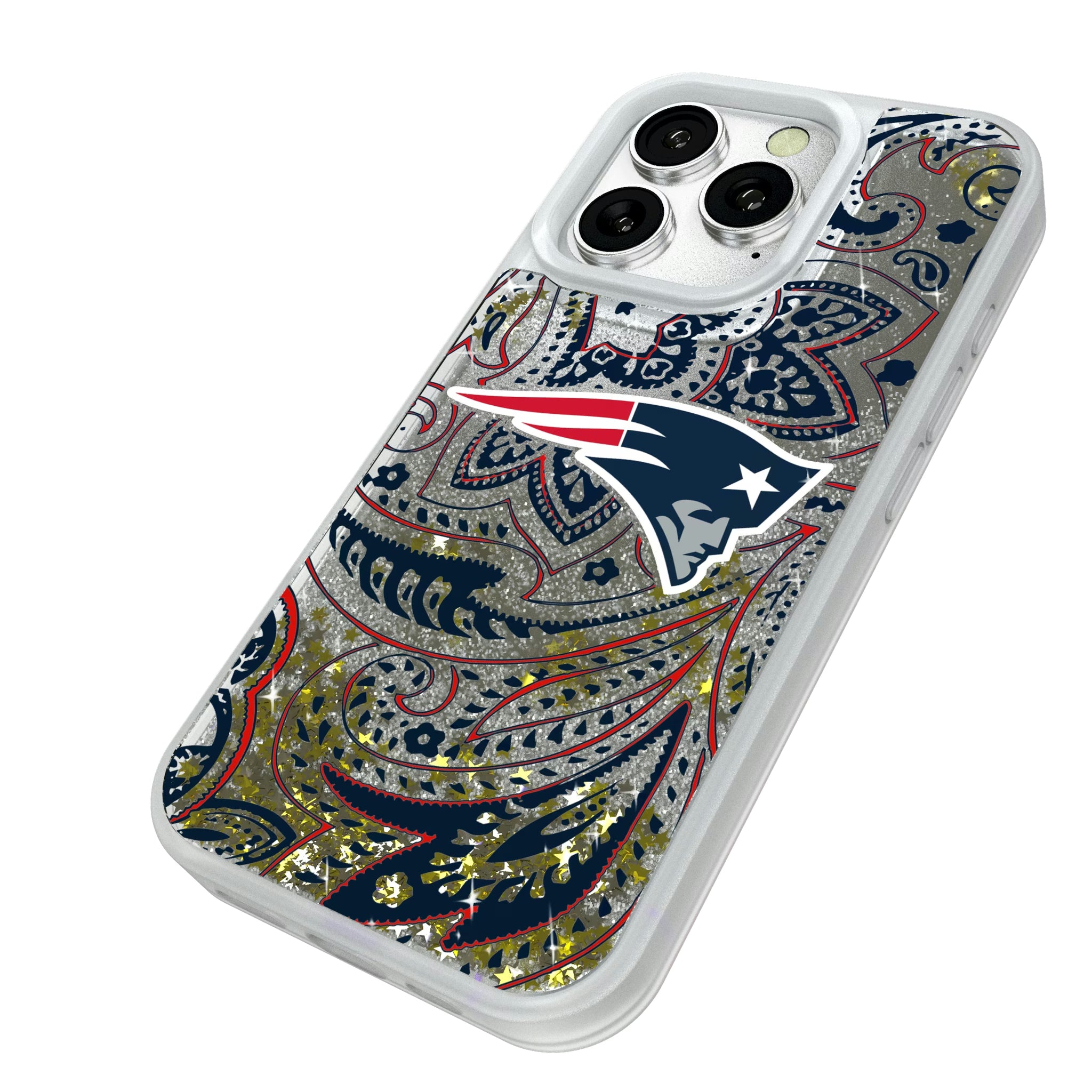 New England Patriots Paisley iPhone Glitter Phone Case for Apple iPhone - Isometric View#Device_iPhone 16 Pro