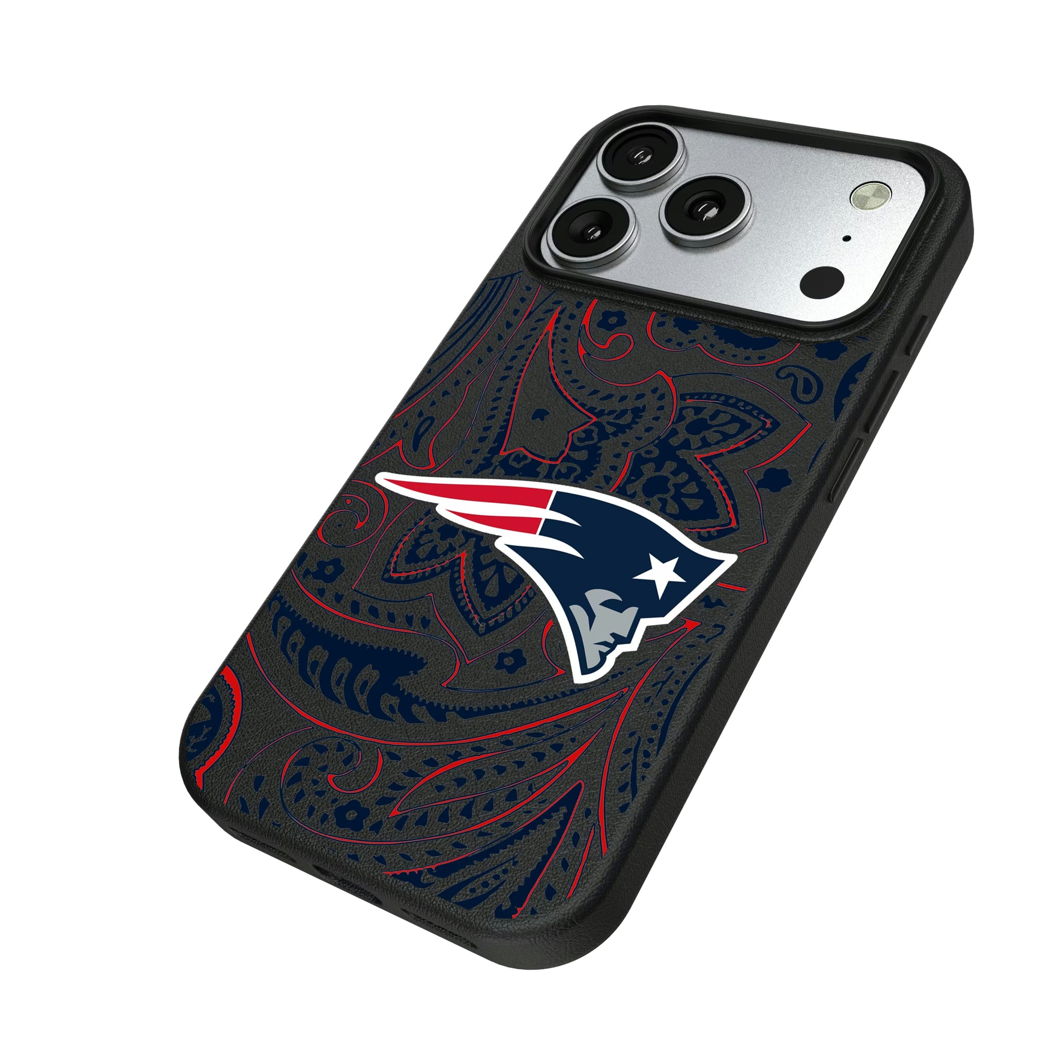 New England Patriots Paisley iPhone MagSafe Compatible Phone Case for Apple iPhone - Isometric View#Device_iPhone 17 Pro