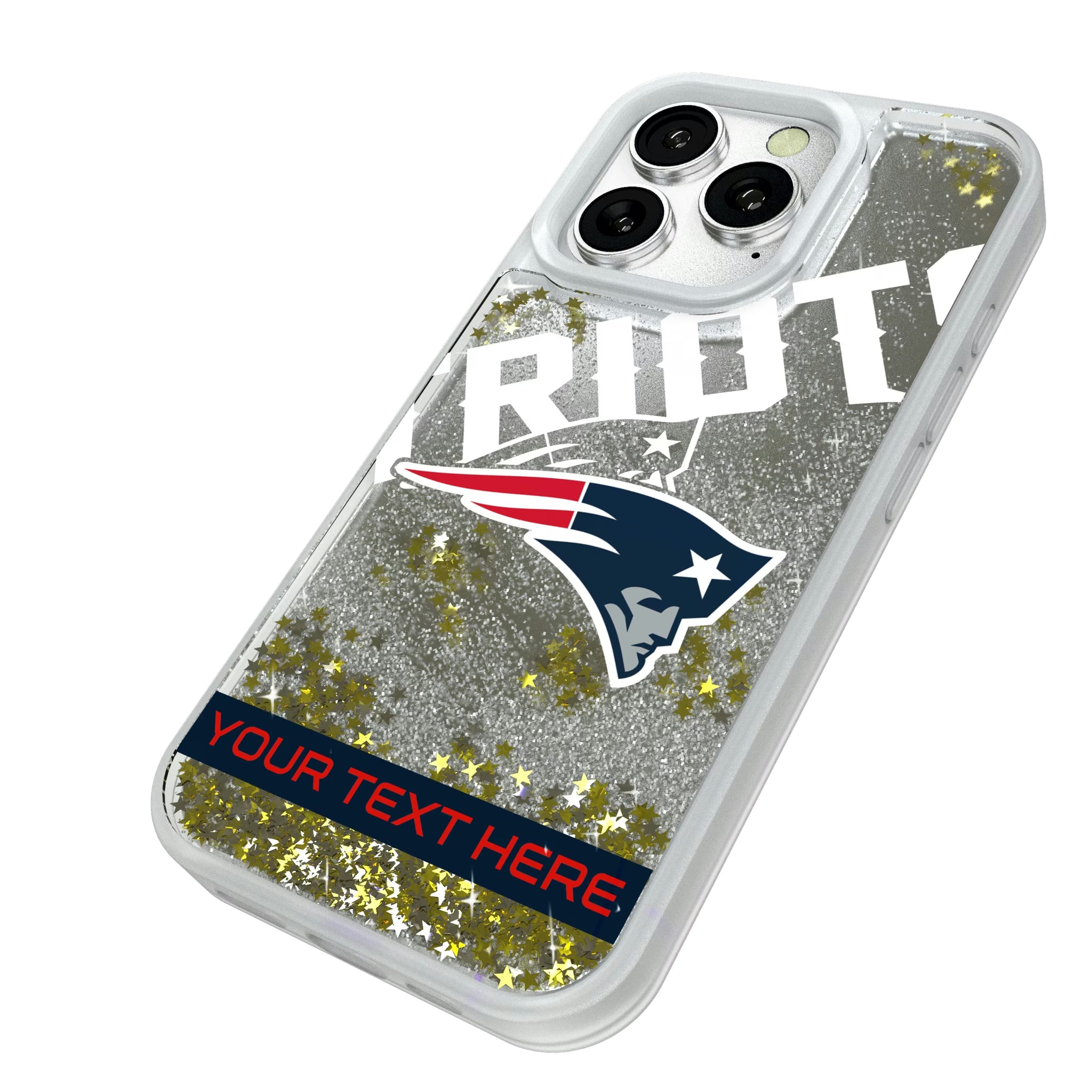 New England Patriots Personalized Tilt iPhone Glitter Phone Case for Apple iPhone - Isometric View#Device_iPhone 16 Pro