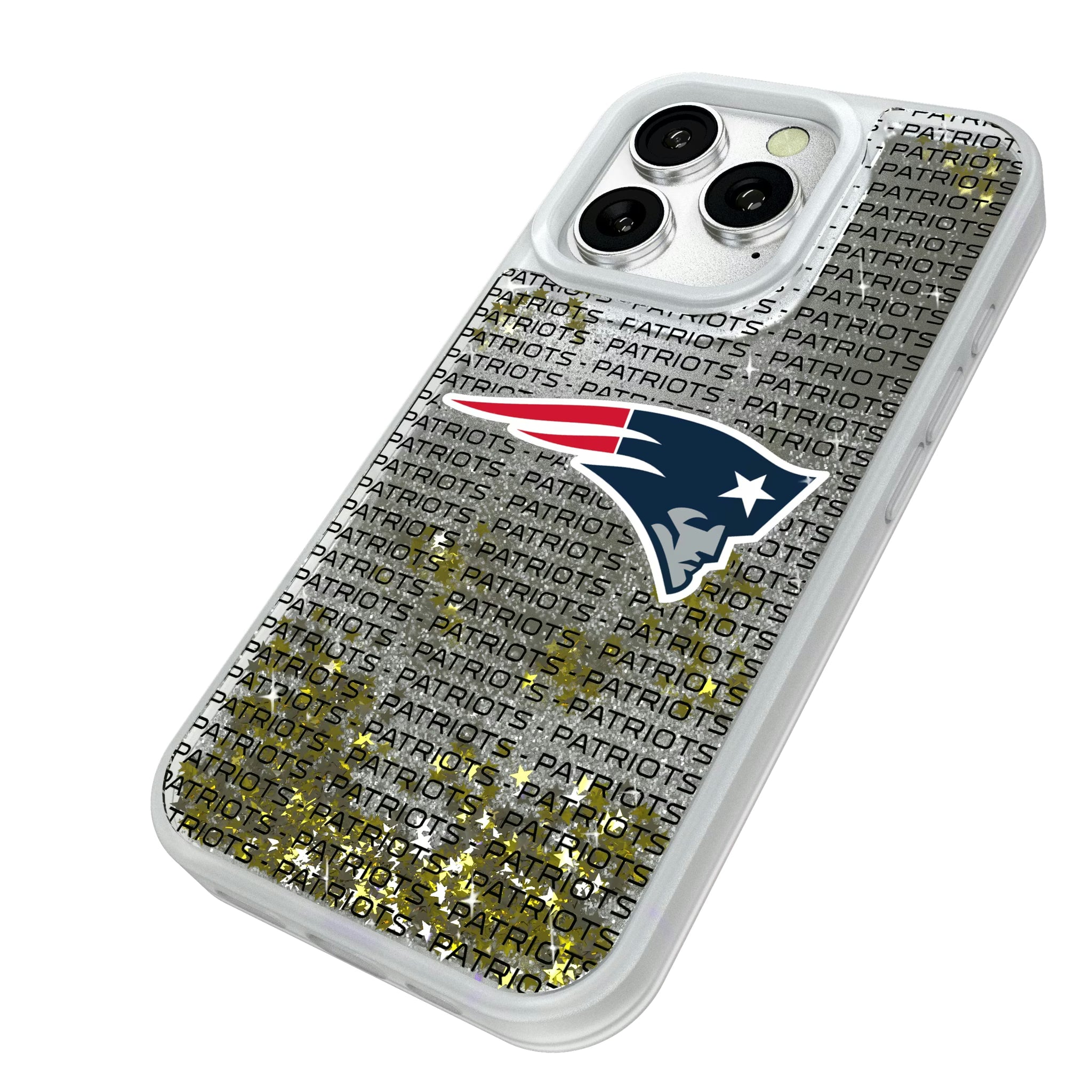 New England Patriots Text Backdrop iPhone Glitter Phone Case for Apple iPhone - Isometric View#Device_iPhone 16 Pro