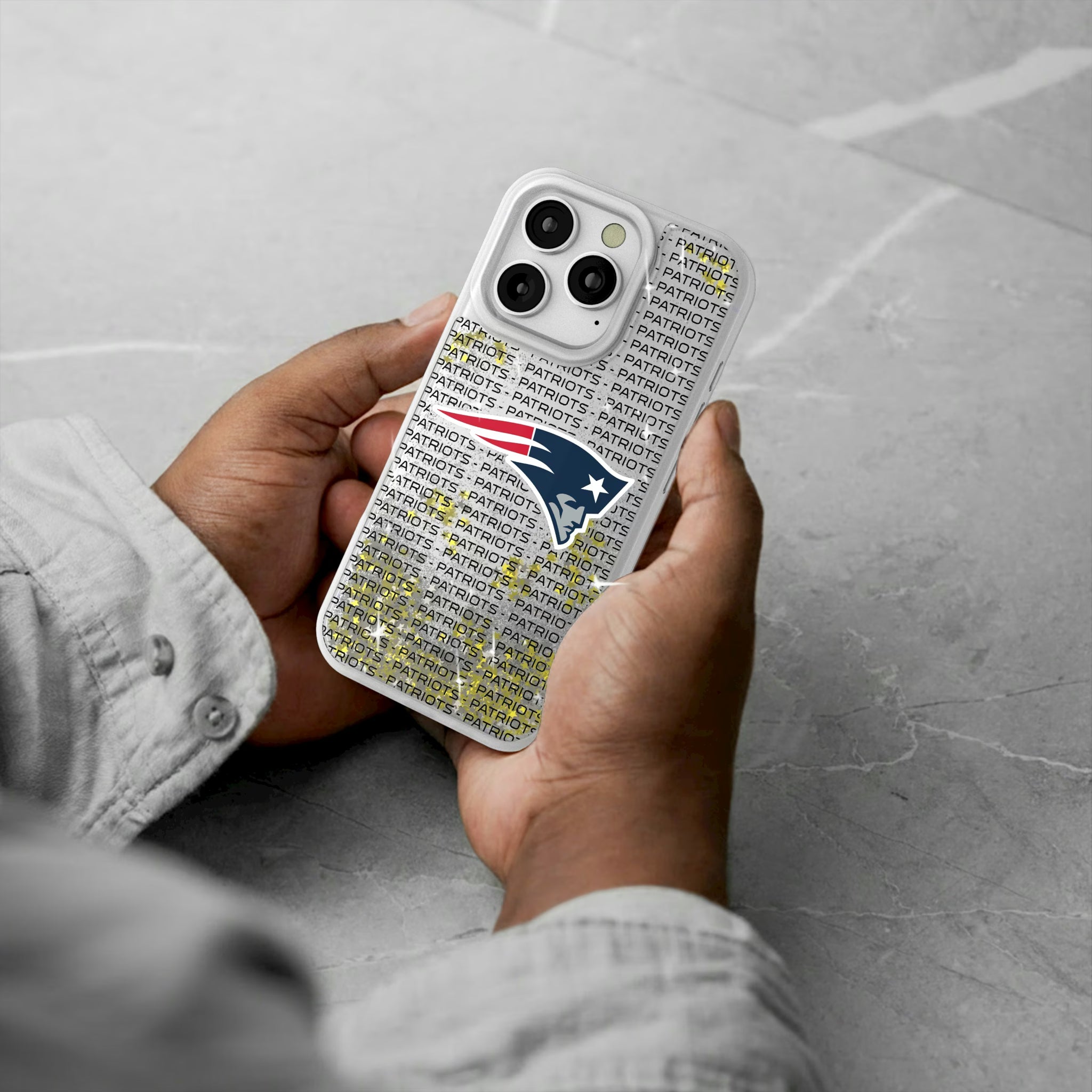 New England Patriots Text Backdrop iPhone Glitter Phone Case for Apple iPhone - Lifestyle#Device_iPhone 16 Pro