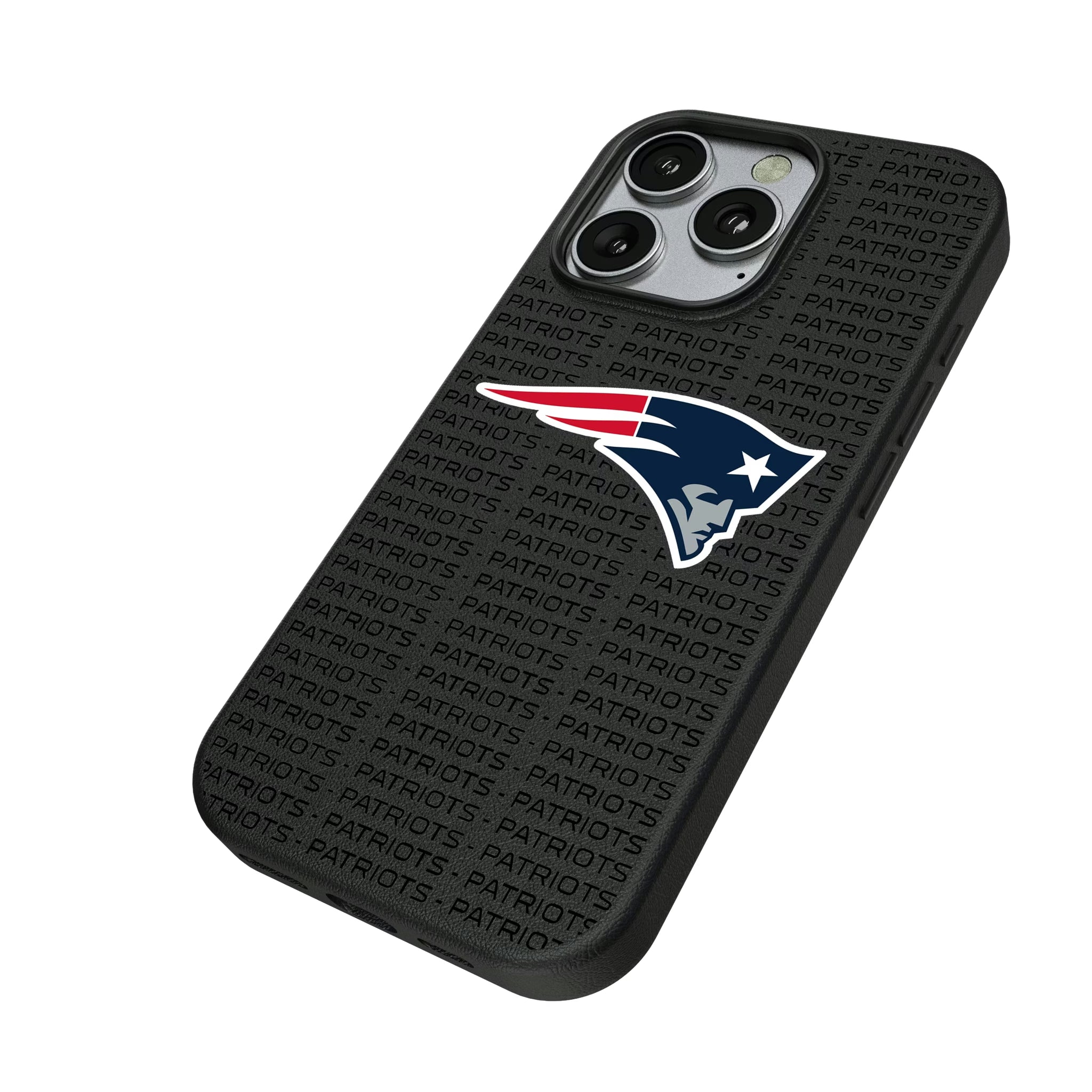 New England Patriots Text Backdrop iPhone MagSafe Compatible Phone Case for Apple iPhone - Isometric View