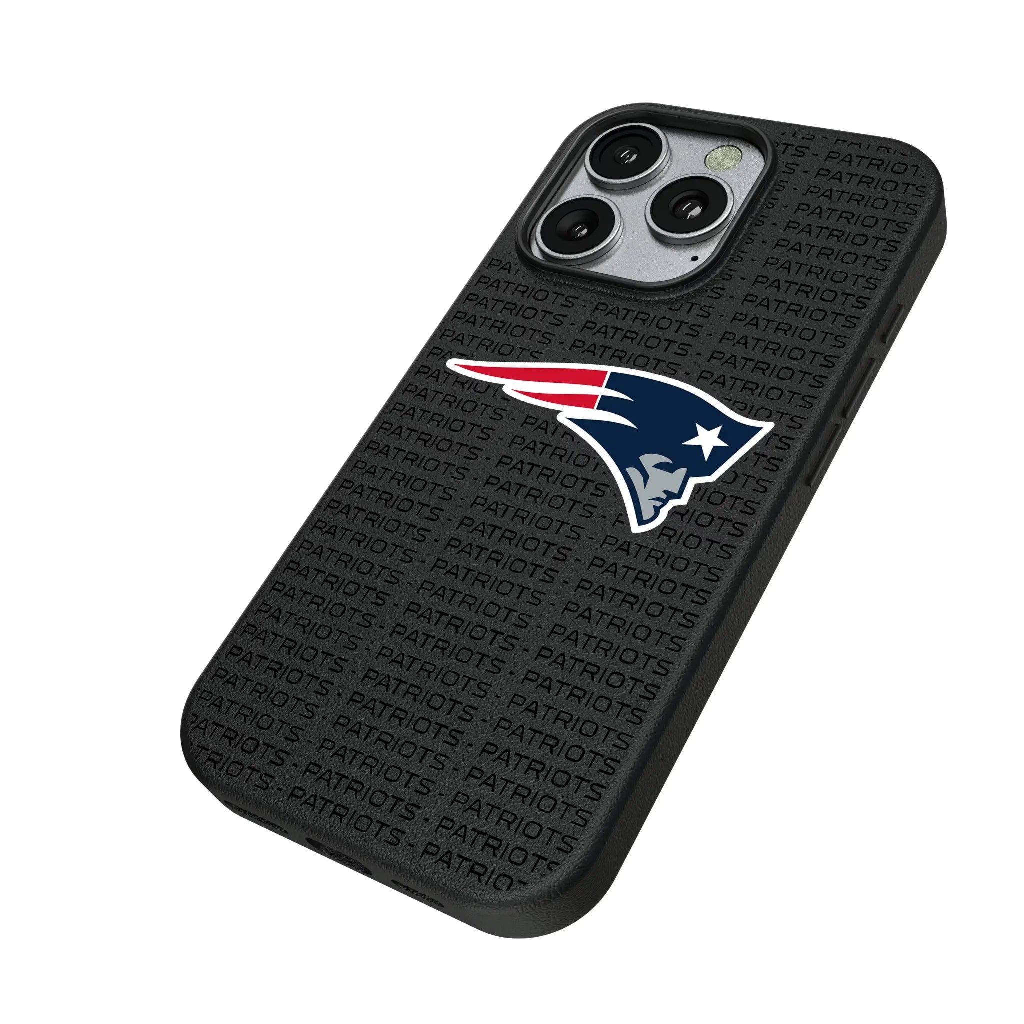 New England Patriots Text Backdrop iPhone MagSafe Compatible Phone Case for Apple iPhone - Isometric View