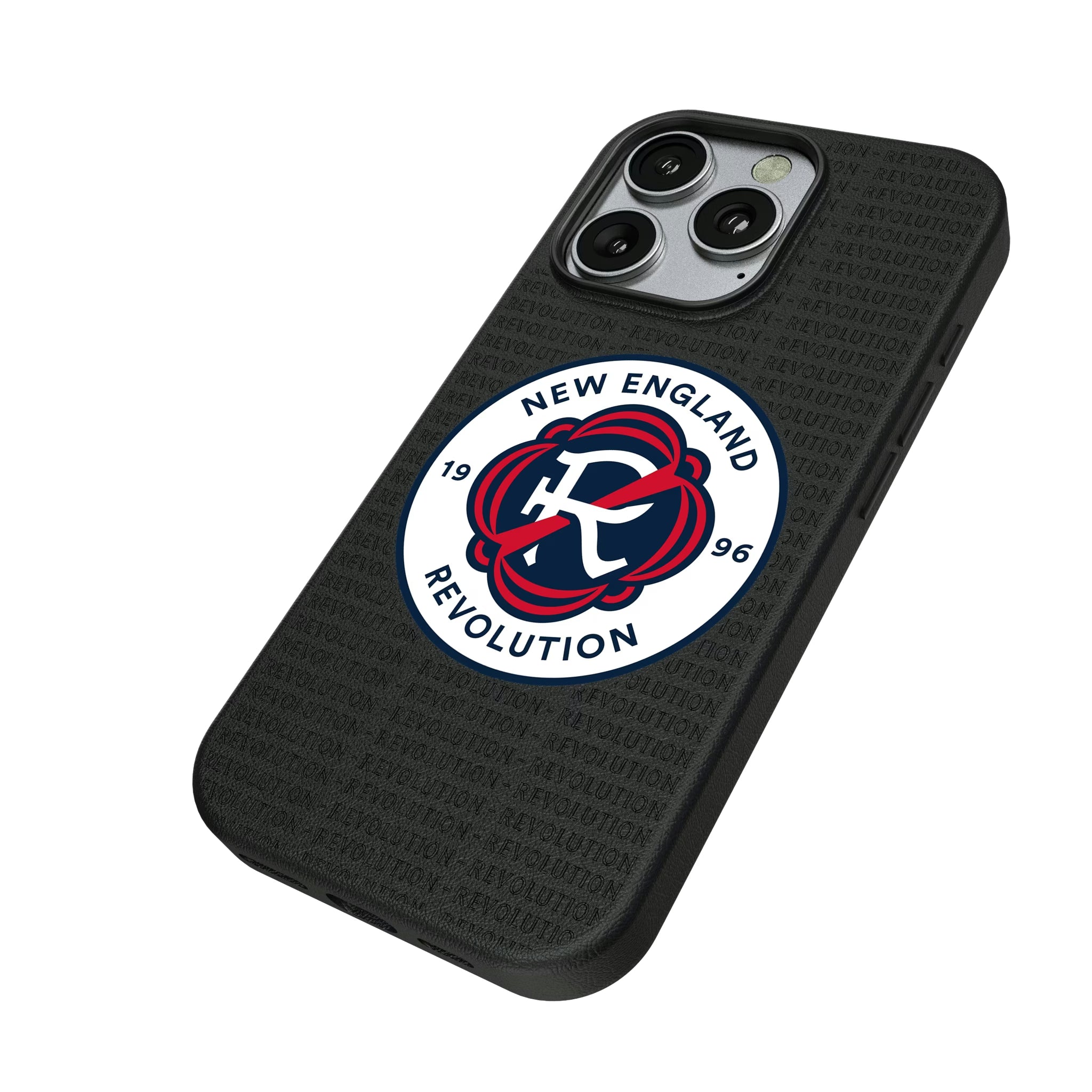New England Revolution Text Backdrop iPhone MagSafe Compatible Phone Case for Apple iPhone - Isometric View