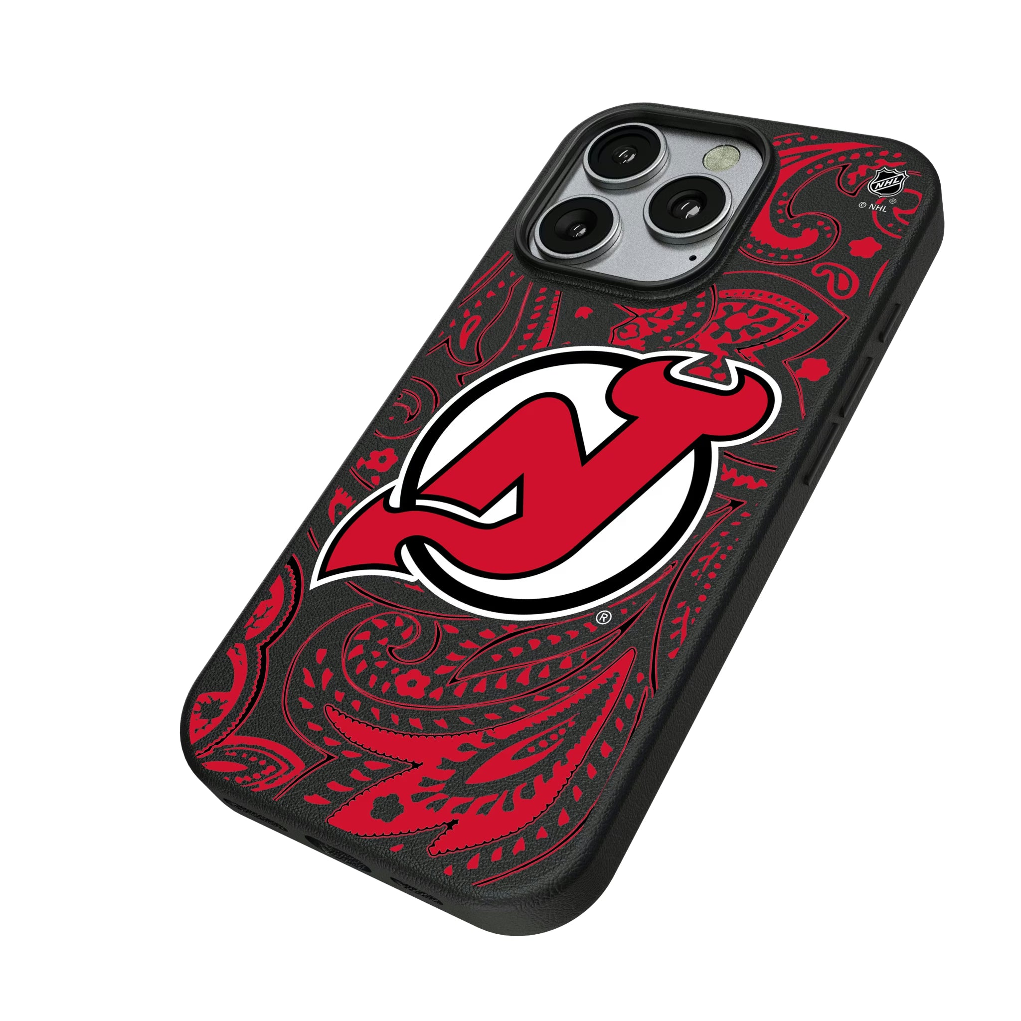 New Jersey Devils Paisley iPhone MagSafe Compatible Phone Case for Apple iPhone - Isometric View