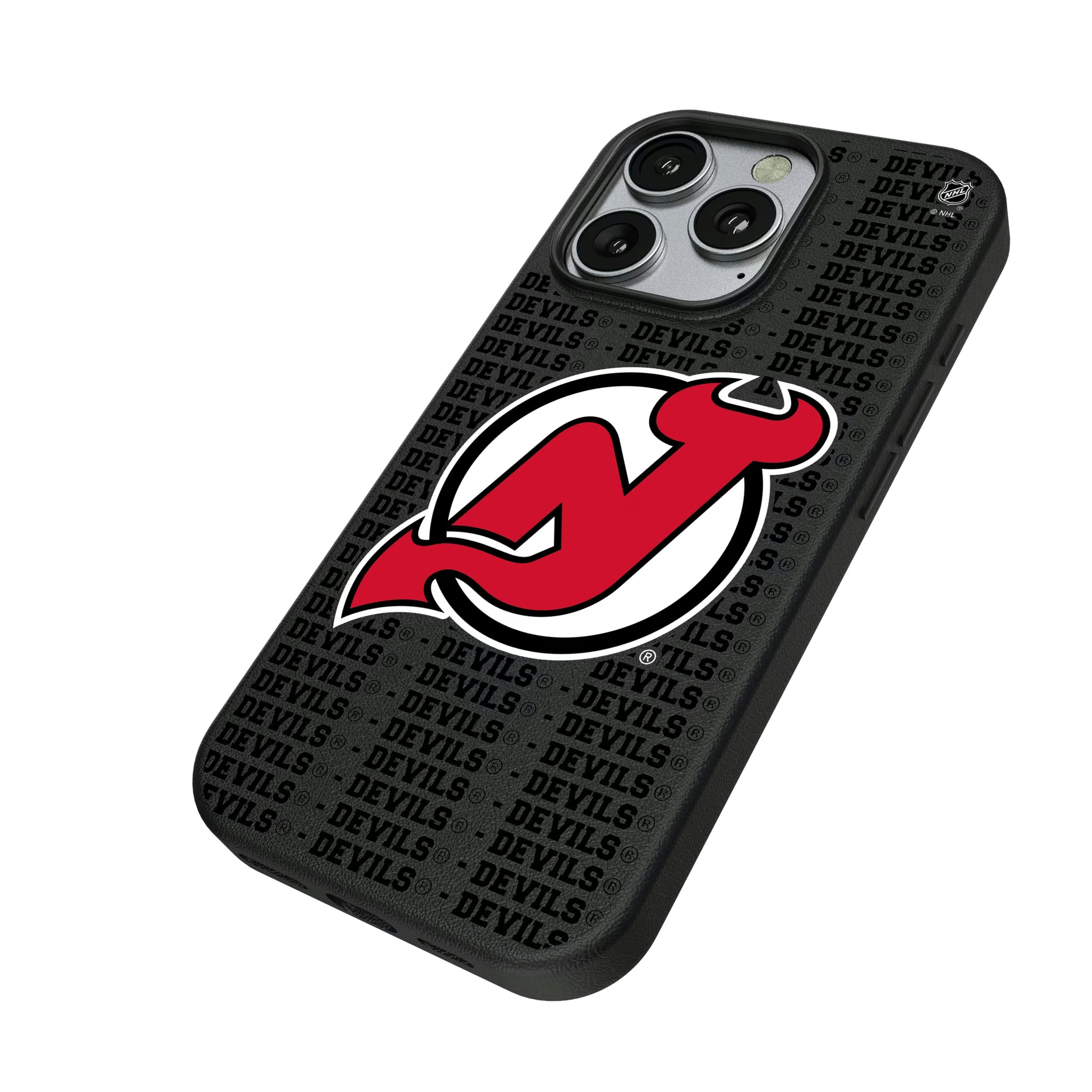 New Jersey Devils Text Backdrop iPhone MagSafe Compatible Phone Case for Apple iPhone - Isometric View