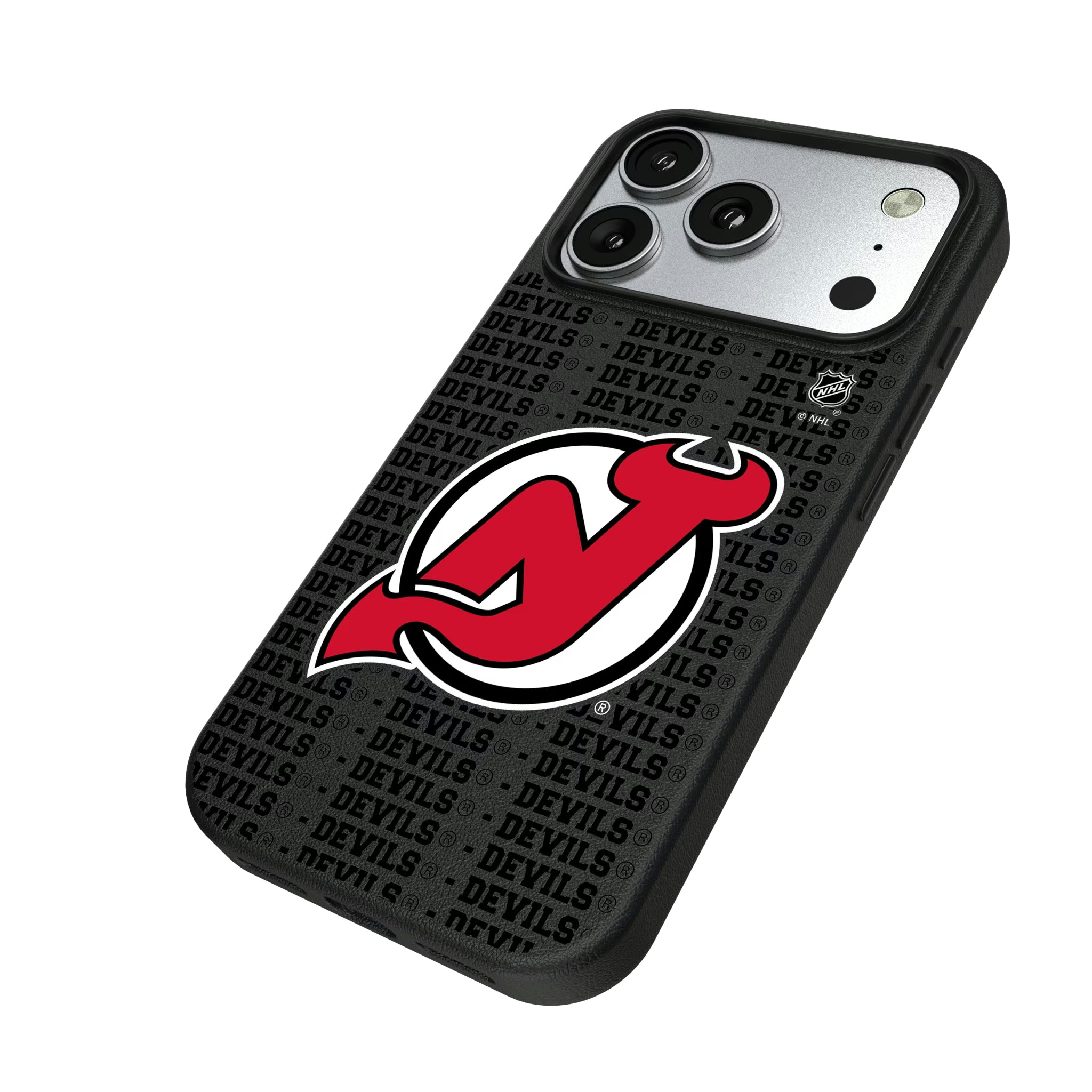 New Jersey Devils Text Backdrop iPhone MagSafe Compatible Phone Case for Apple iPhone - Isometric View#Device_iPhone 17 Pro