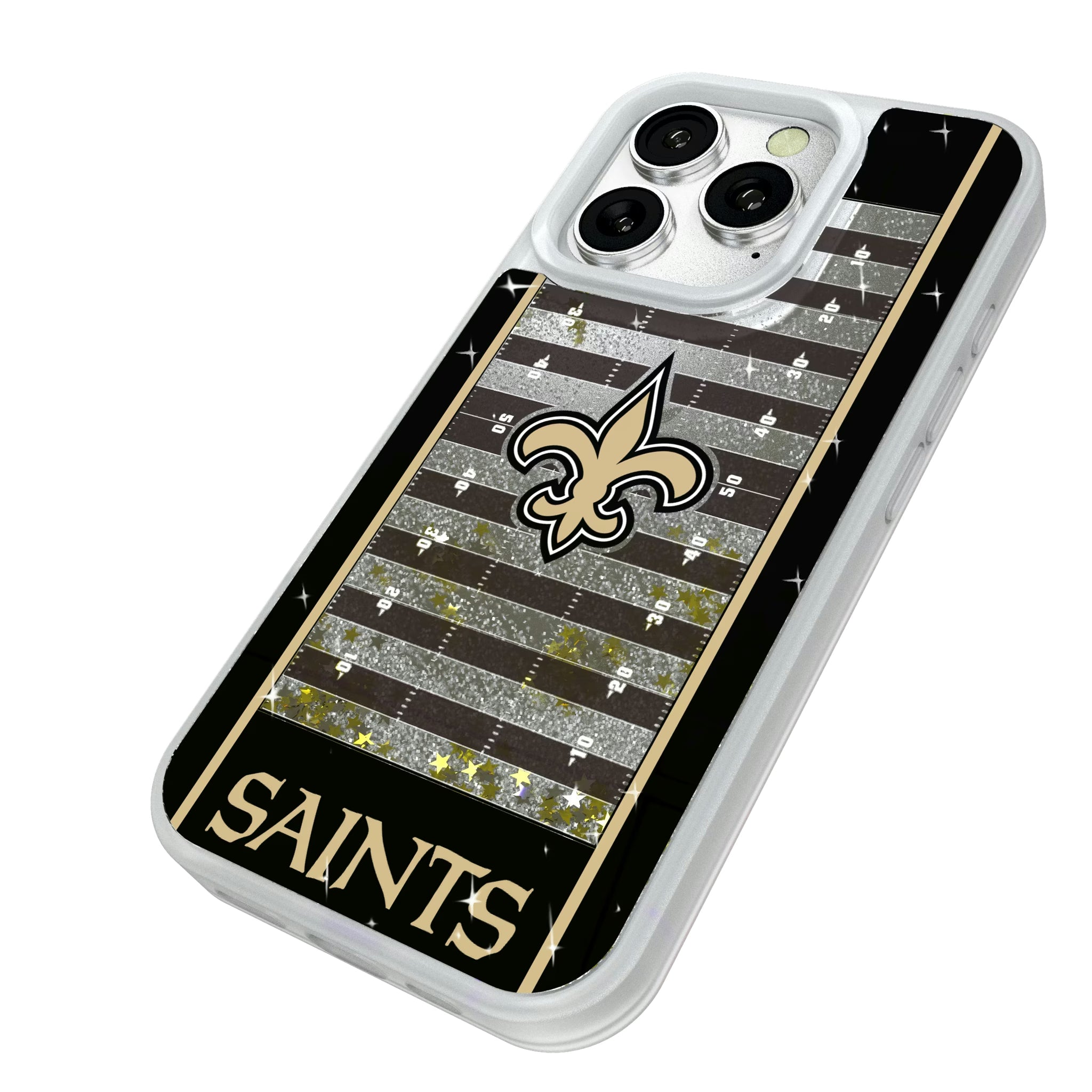 New Orleans Saints Field iPhone Glitter Phone Case for Apple iPhone - Isometric View#Device_iPhone 16 Pro