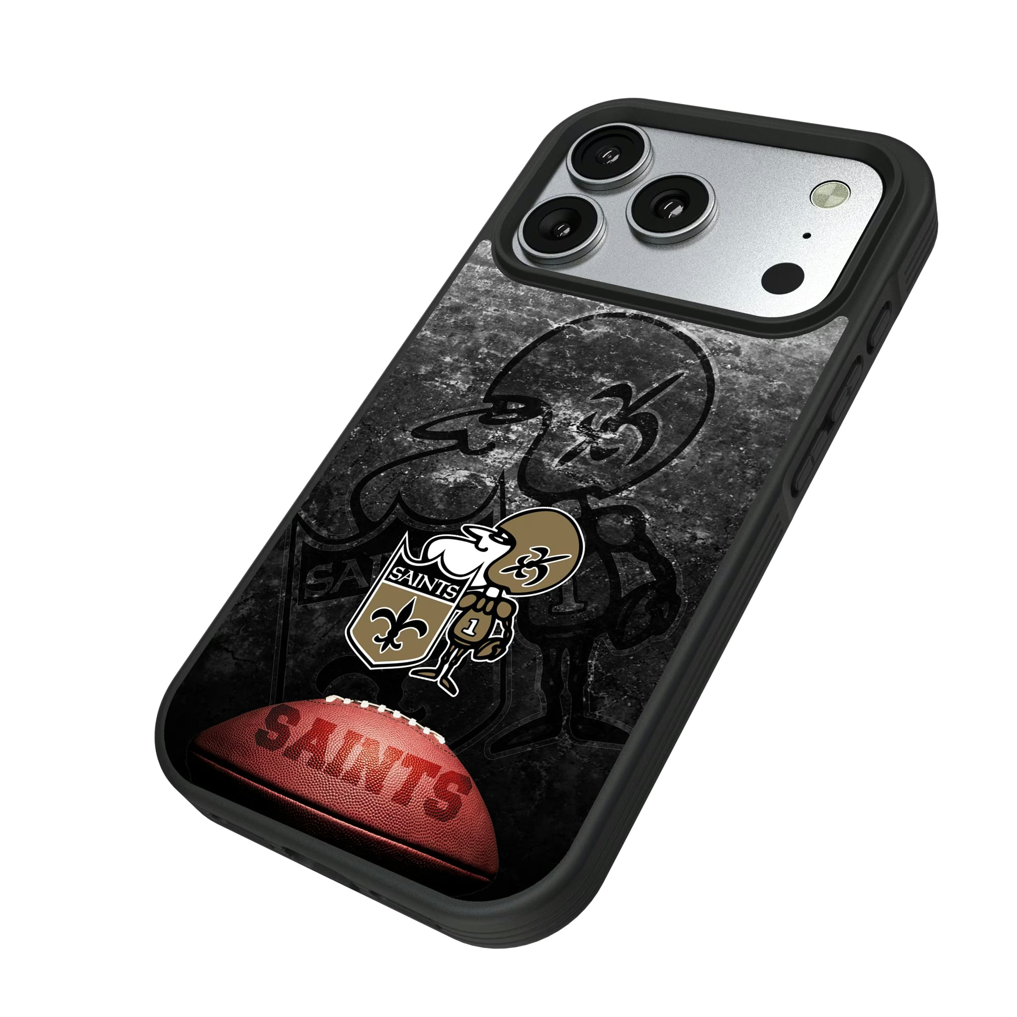 New Orleans Saints Historic Collection Legendary iPhone Bump Phone Case for Apple iPhone - Isometric View#Device_iPhone 17 Pro