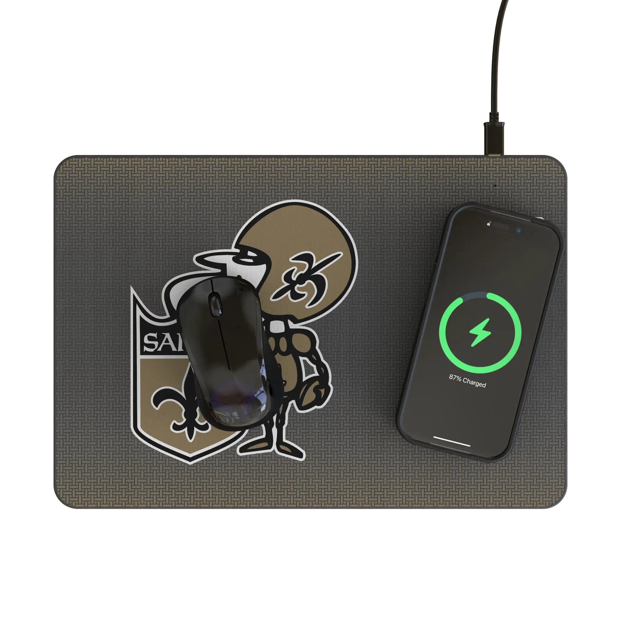 New Orleans Saints Historic Collection Linen 15-Watt Wireless Charger and Mouse Pad - Lifestyle