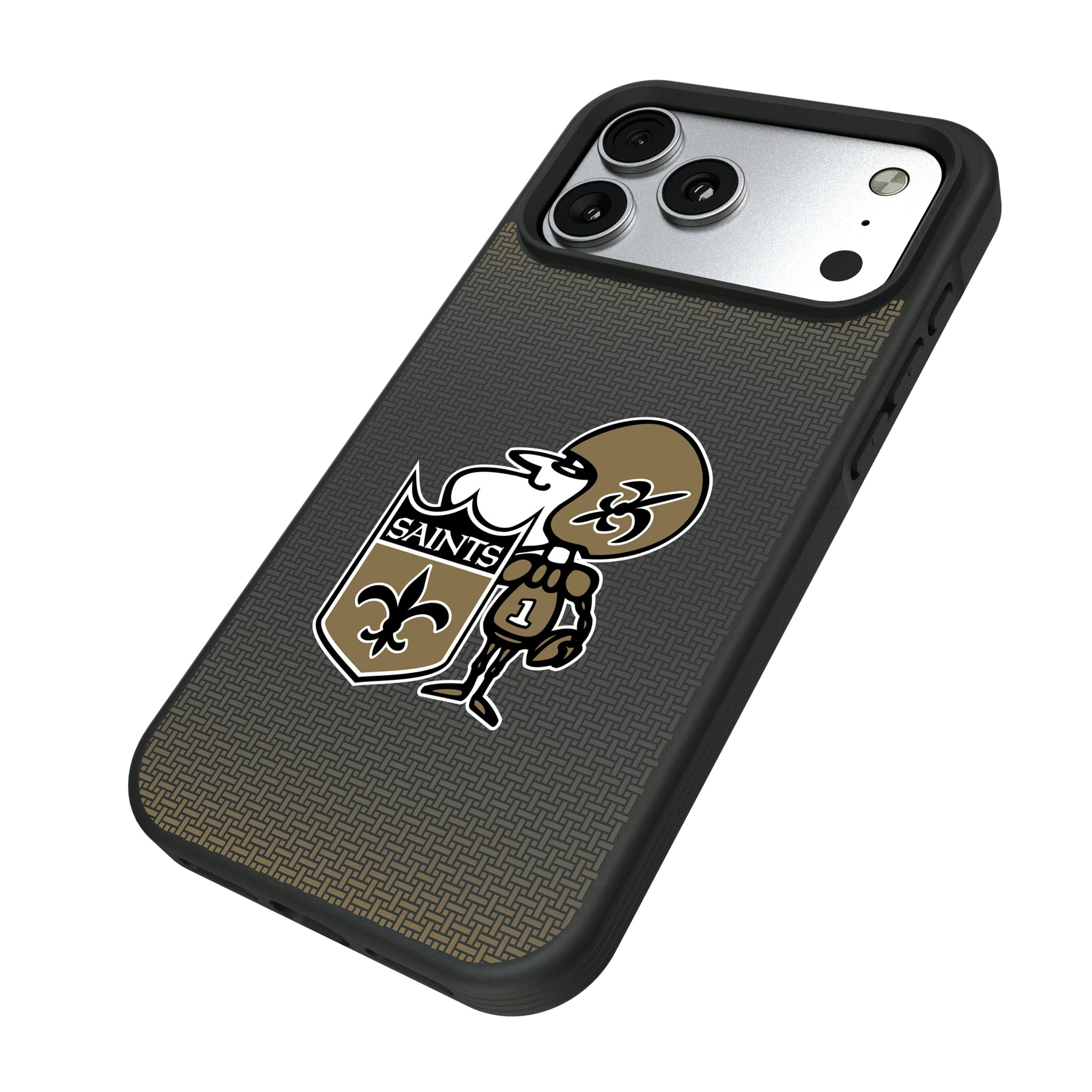 New Orleans Saints Historic Collection Linen iPhone Bump Phone Case for Apple iPhone - Isometric View#Device_iPhone 17 Pro Max
