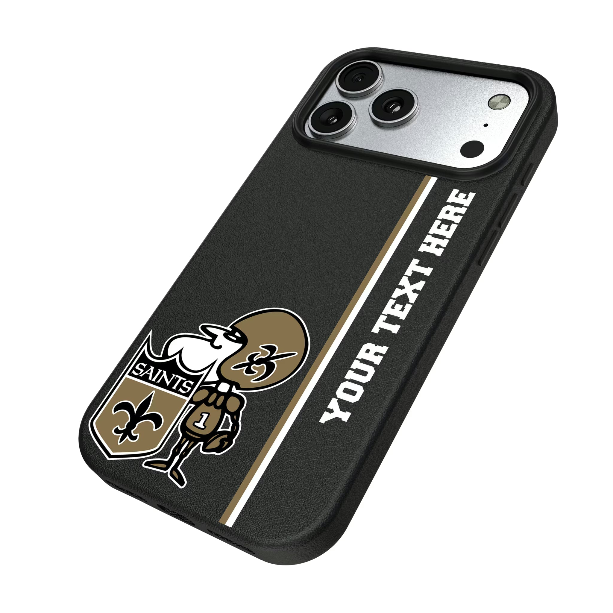 New Orleans Saints Historic Collection Personalized Sidebard iPhone MagSafe Compatible Phone Case for Apple iPhone - Isometric View#Device_iPhone 17 Pro Max